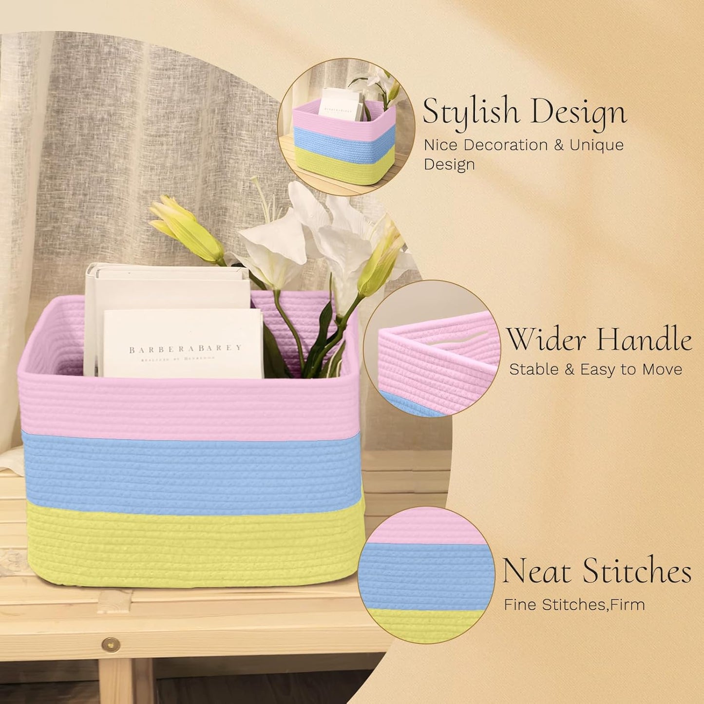 Hopegiver Woven Storage Baskets 15x11x10 Inch, 1 Pack Collapsible Cube Storage Bin for Shelves - Foldable Cotton Rope Organizer Bins for Towels, Toys, Books, Closet, Nursery (Pink Blue Yellow)