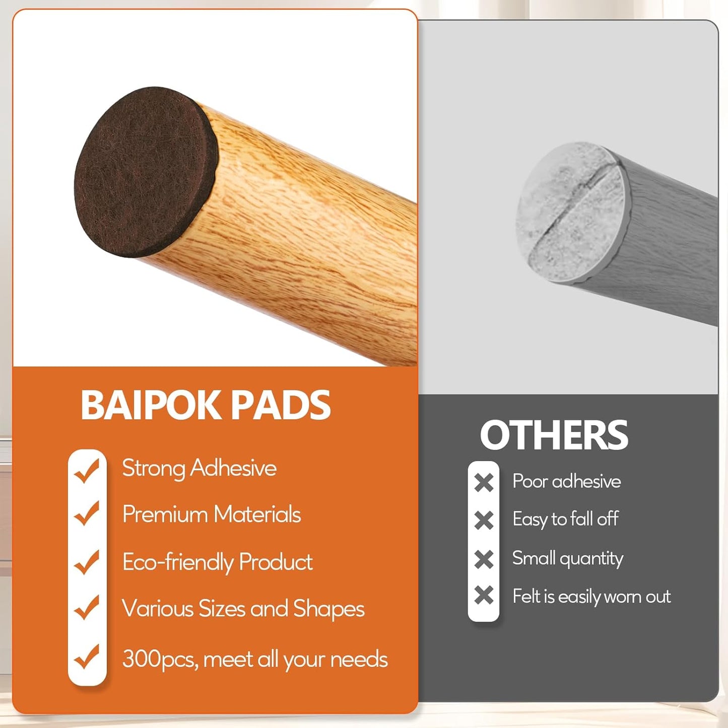 Furniture Pads Felt Pads 300 Pieces Huge Pack Furniture Felt Pads, Self Adhesive Anti Scratch Floor Protectors for Furniture on Hardwood Tile Floor, with 60 Cabinet Door Bumpers, Brown