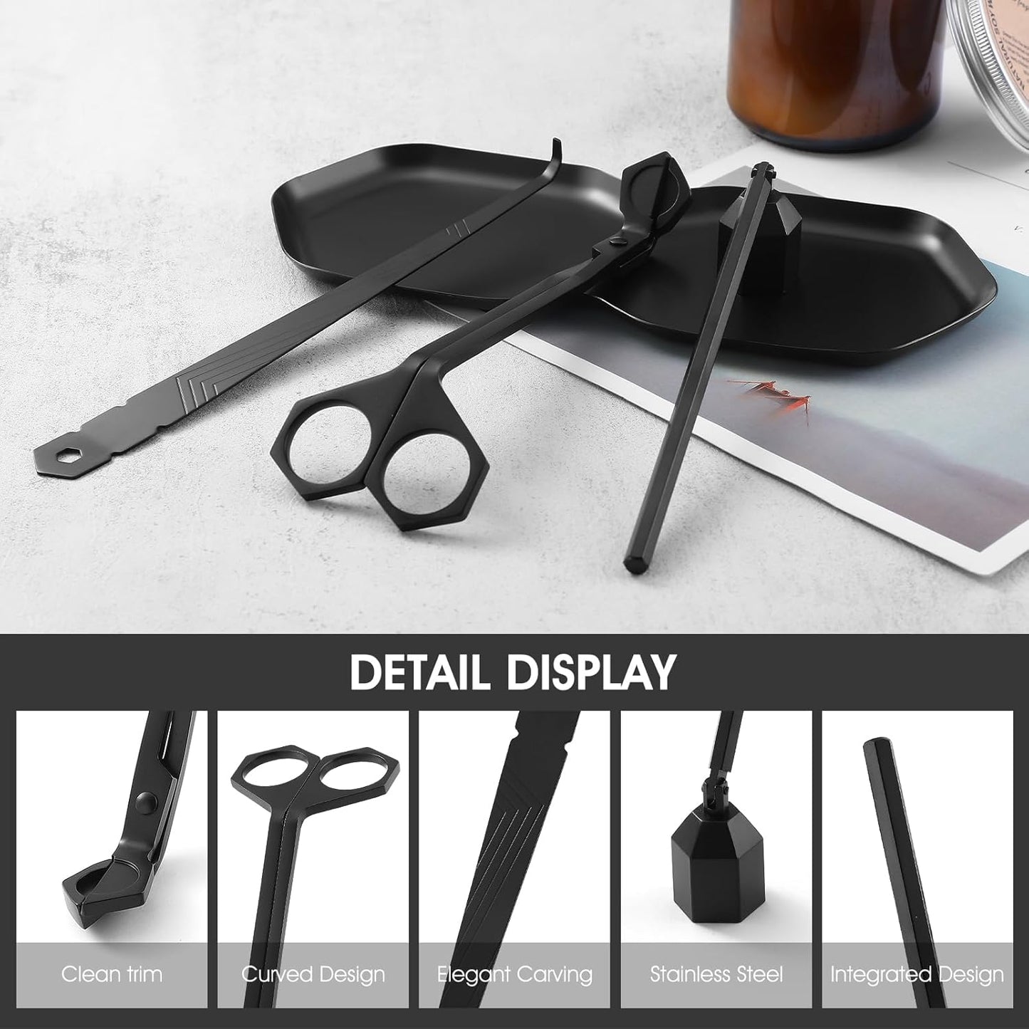 3-in-1 Candle Accessory Set, Wick Trimmer, Candle Snuffer, Wick Spoon, Stainless Steel Material Perfect for Candle Lovers(Black)