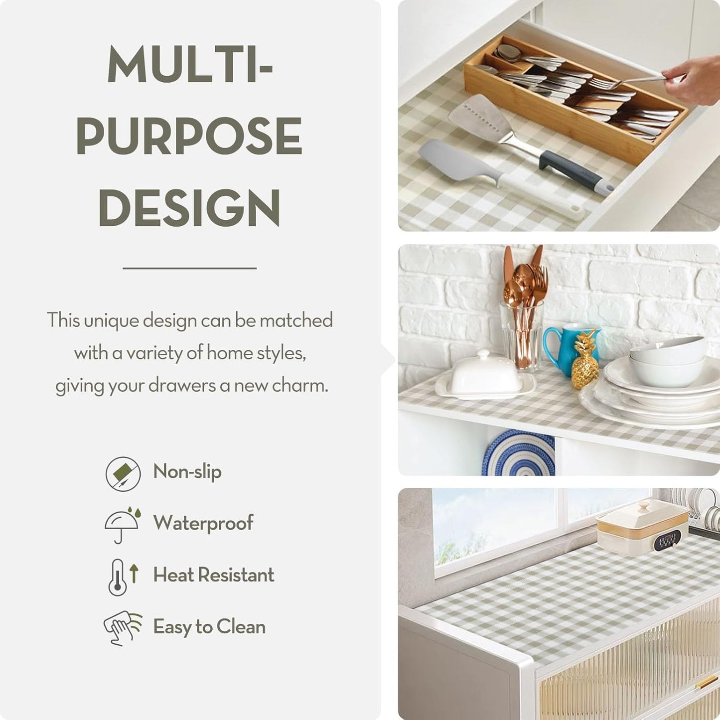 Drawer Shelf Liner, Non-Slip Kitchen Cabinet Liners Non-Adhesive Thick Strong Grip Waterproof Mats Protect Dresser Shelves Cupboard Bathroom Cabinets, Green Plaid, 23.6 in X 20 FT