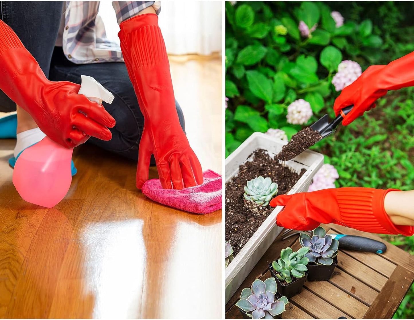 Vgo... 1-Pair Dishwashing Gloves, Reusable Household Gloves, Long Sleeve, Thick Latex, Cleaning, Washing, Working, Painting, Gardening, Pet Care (Size L, Red, RB2143)