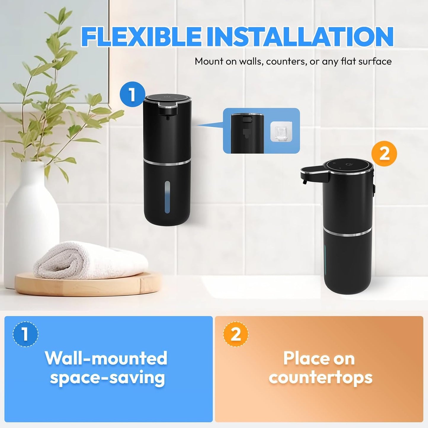 2 Pack Automatic Soap Dispenser Touchless,Liquid Hand Soap Dispenser 12.8oz USB 4levels Adjustable Dispenser Electric Wall Mounted Smart for Bathroom and Kitchen Dish Soap，Easy for Toddlers(Black)