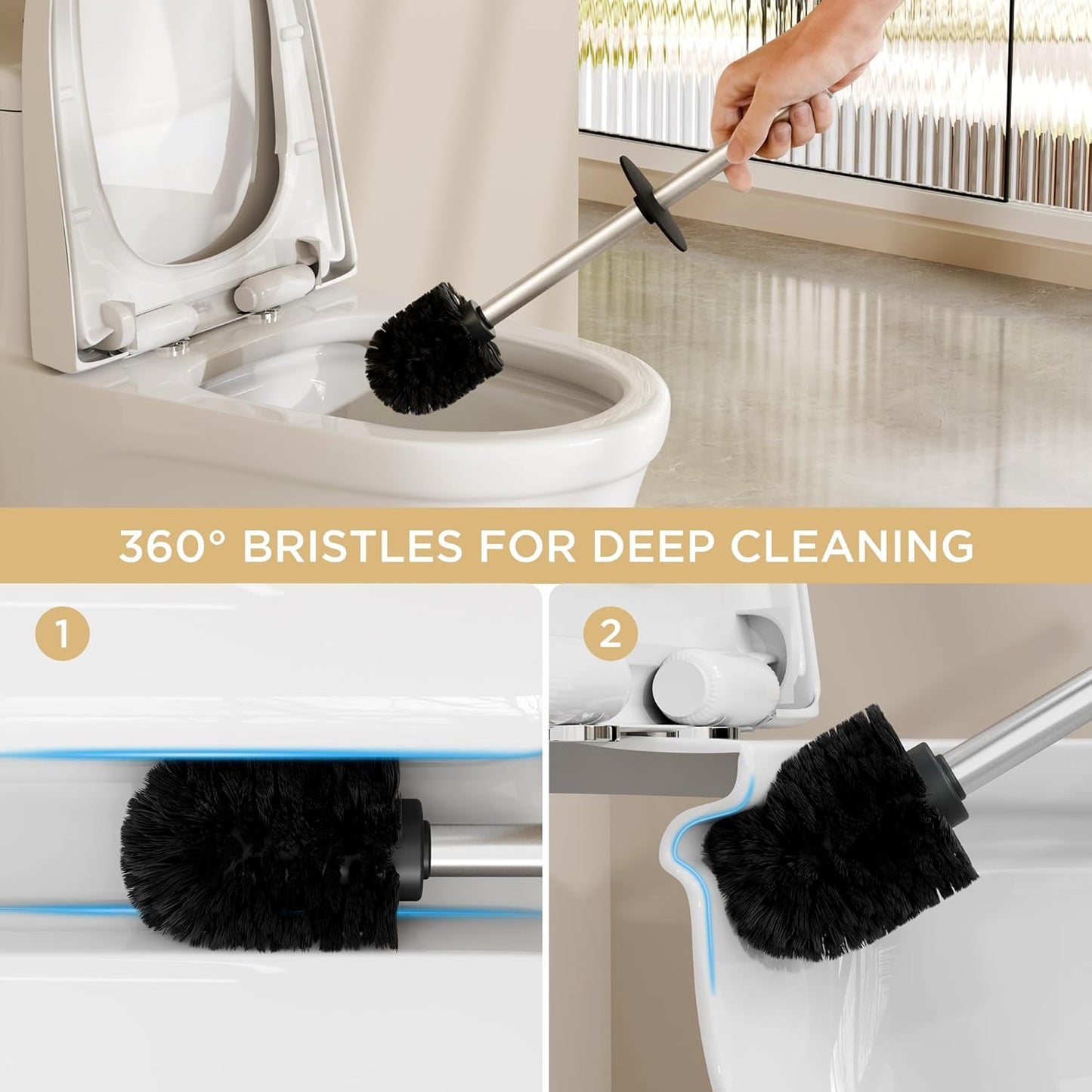 FORIOUS Toilet Brush and Holder Set, Heavy Duty 304 Stainless Steel Base Square and Long Handle for Bathroom Deep Cleaning, Drip-Proof, Space Saving for Storage, 2 Toilet Bowl Brush Head