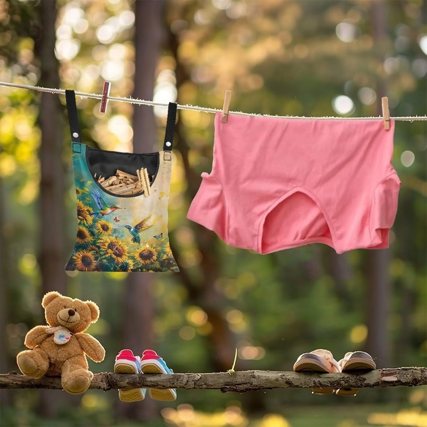 2 Pcs Clothes Pin Hanging Bag with Big Opening Storage Clothes Pins & Mini Clothespins，Hanging Laundry Bag Fits Retractable Clothes Line Outdoors（Hummingbird Sunflower）