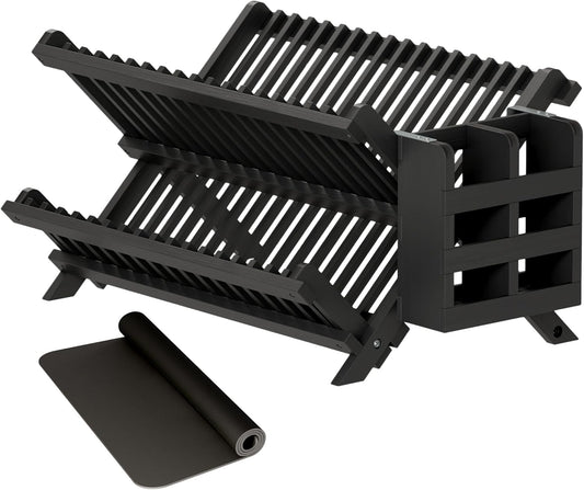 Greenual Black Bamboo Dish Drying Rack with Utensil Holder, 2 Tier Collapsible Dish Rack, Wooden Dish Racks for Kitchen Counter, Folding Drying Holder with Absorbent Dish Drying Mat