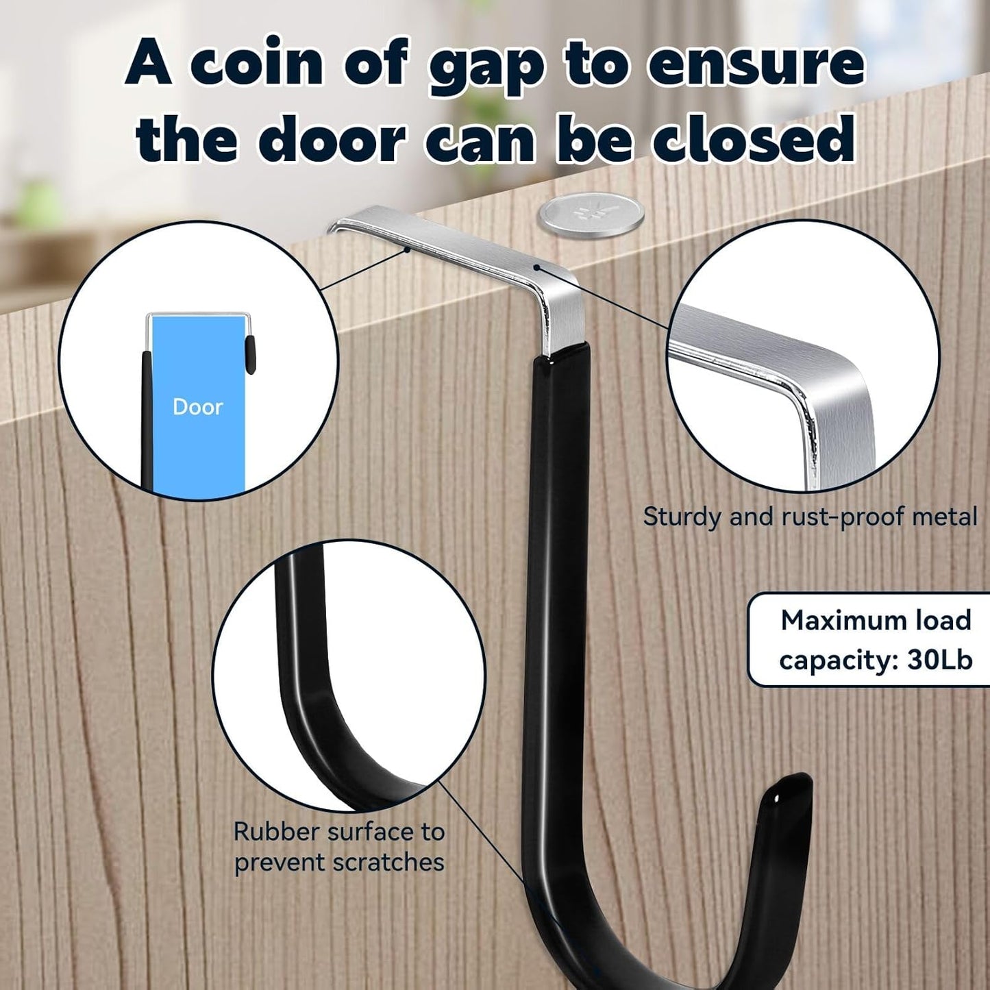 HOOSUN 4 Pack Over The Door Hooks,4.96In Hooks for Hanging Heavy Duty Door Hanger,Towel Hanger Hook Holders,Hangers Hook for Hanging Clothes,Towels,Hats,Coats,Bags (Black)