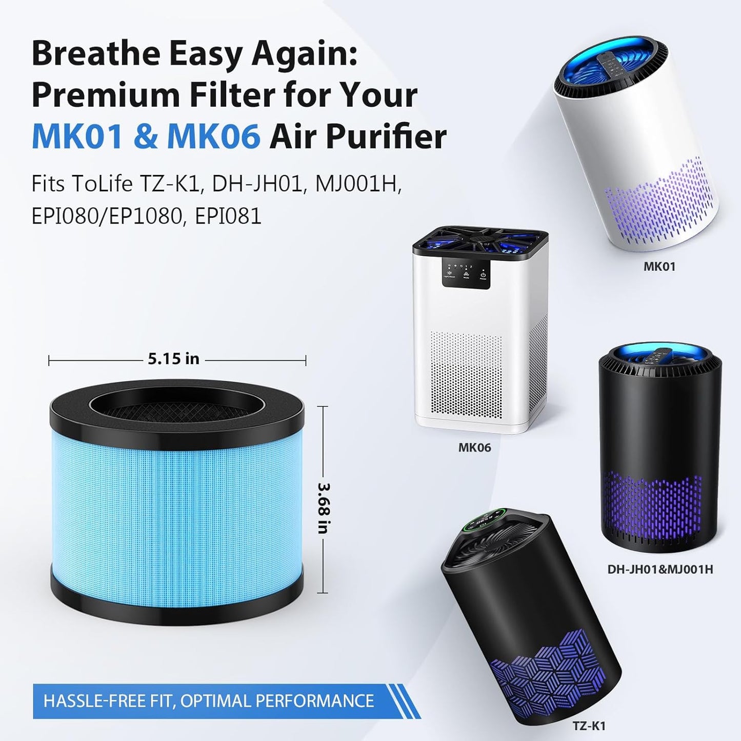 MK01 & MK06 Air Filter Replacement Compatible with Aroeve MK01, MK06, ToLife TZ-K1 and Kloudi DH-JH01 Air Purifier, Standard Version(2 Pack)