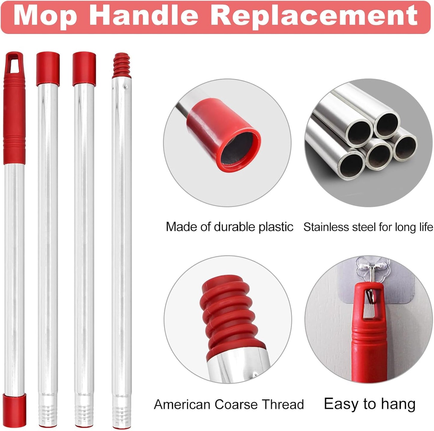 Mop Handle for O Cedar,2 Spin Mop Base for Ocedar, Mop Stick Pole Handle Adjustable 30-58" and Replacement Mop Base Part for EasyWring Spin Mop, Lightweight & Durable