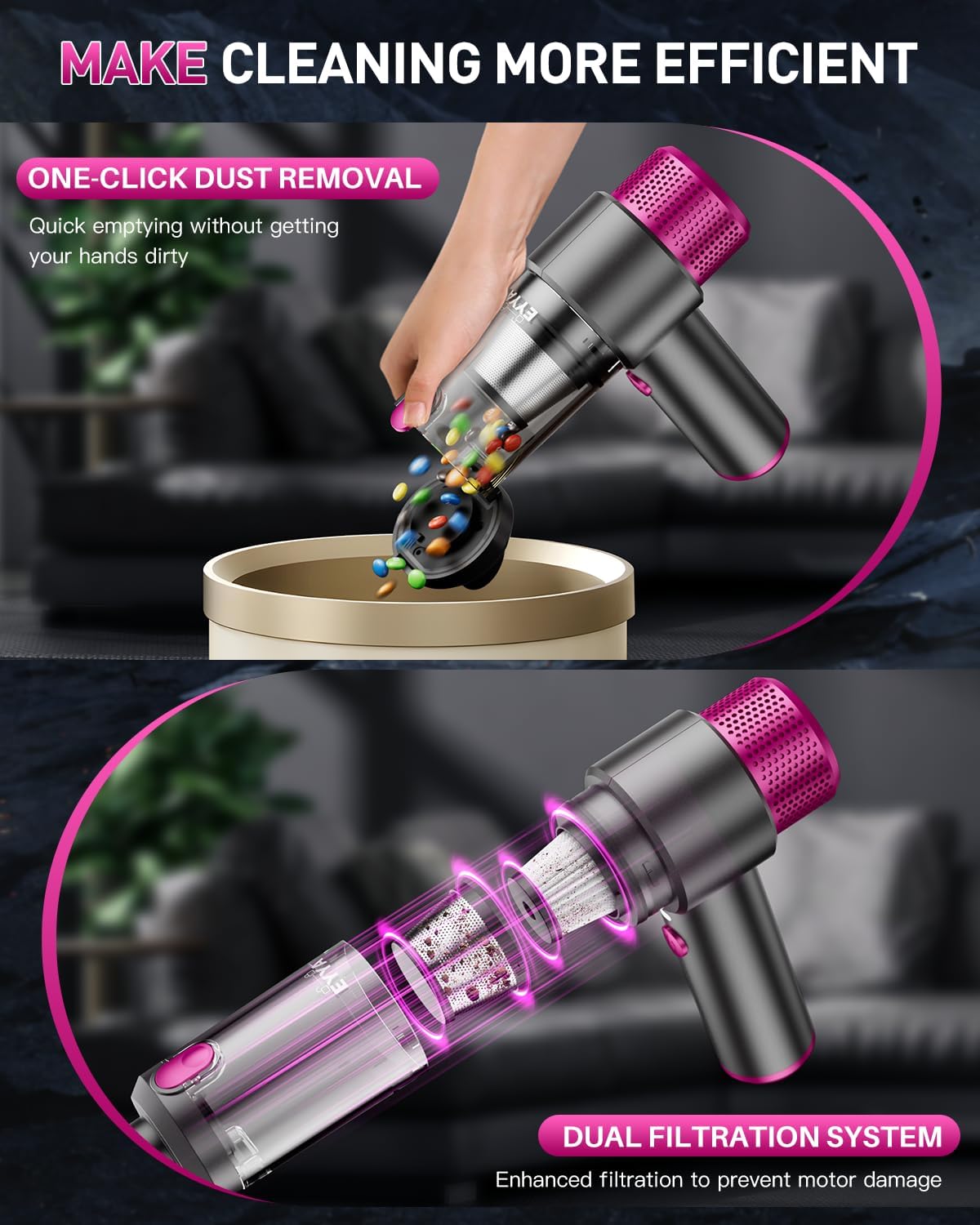 EYYA Handheld Cordless Car Vacuum Cleaner, 4-in-1 Portable Mini Car Vacuum Cleaner, 15000PA High Power & Air Duster with LED Light for Home Office