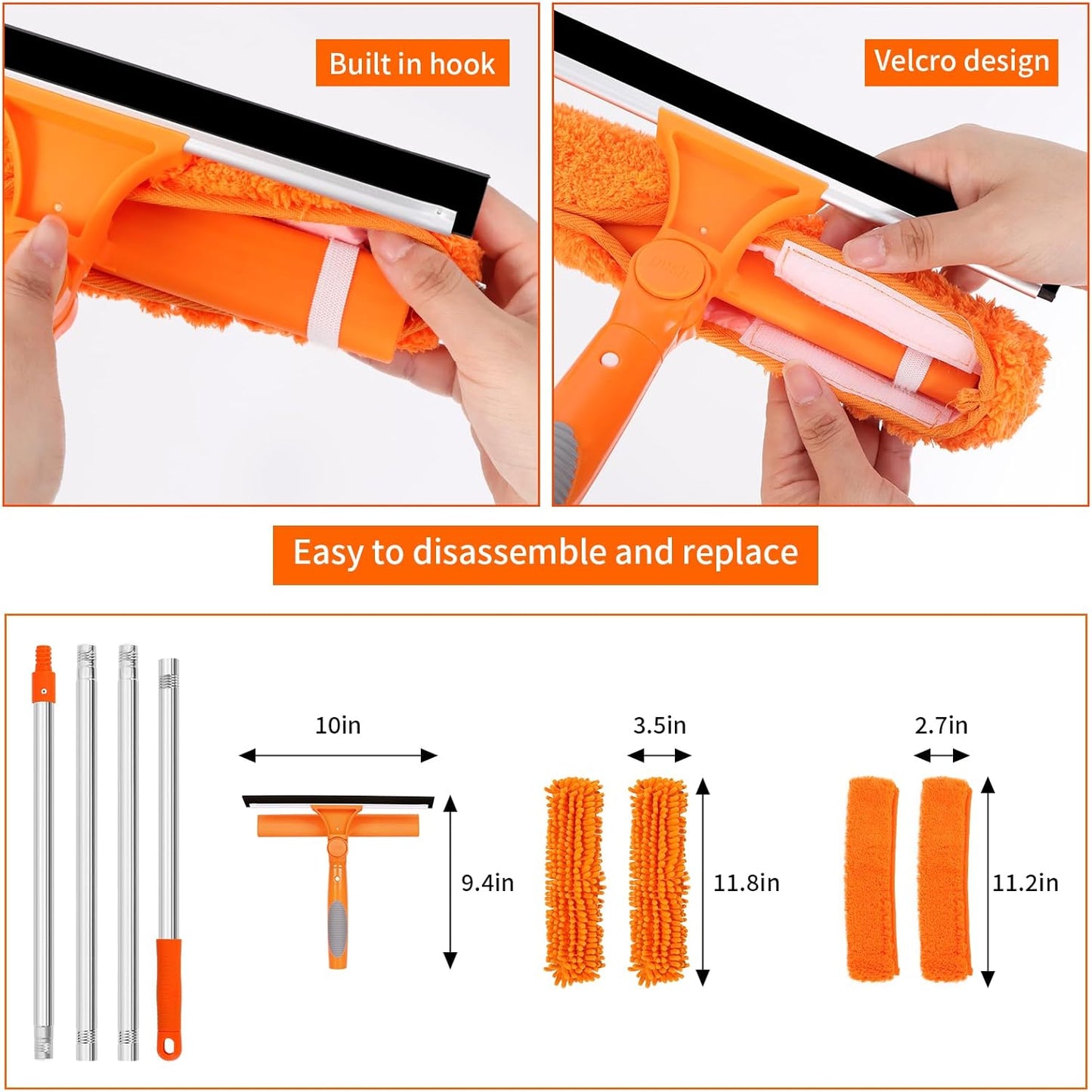 Professional 72'' Window Squeegee Cleaning Washing Tool/Kit with Extension Pole, 3 in 1 Squeegee for Window Cleaning Kit for High Window with 1 Rotatable Head 4 Interchangeable Scrubber