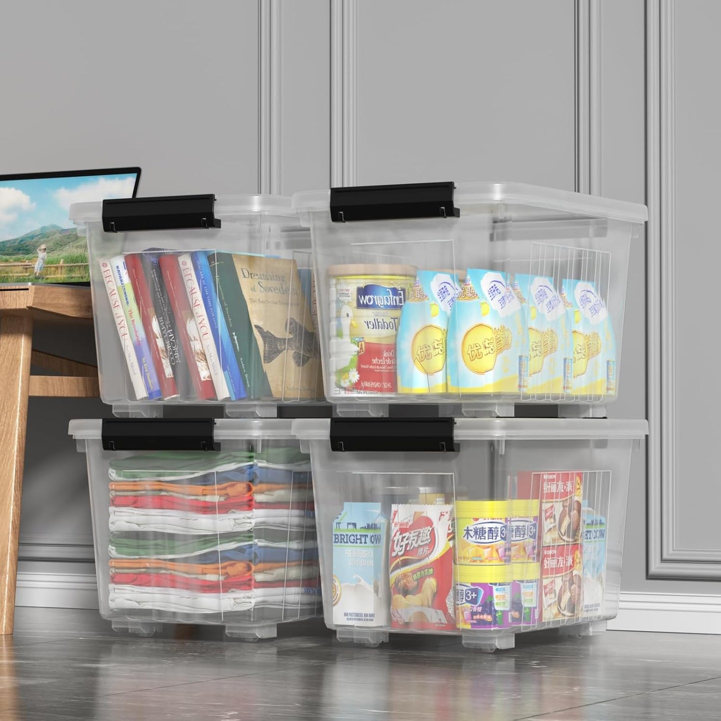 Zopnny 30 Quart Plastic Stacker Box, Large Storage Bin Container with Latching Lids and Wheels for Home and Garage Organizing, Shoes, Tools, Clear Base, 4-Pack