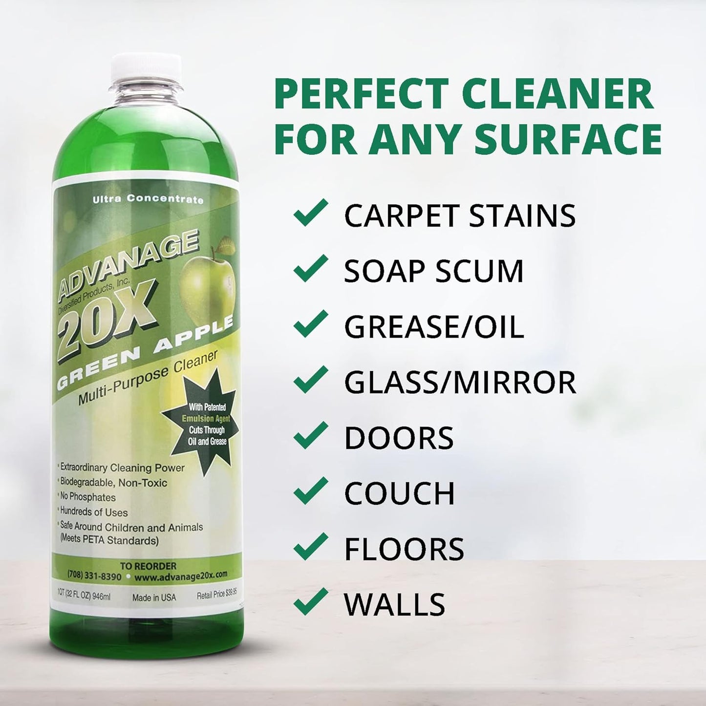 Advanage 20X All Purpose Cleaner Concentrate – Green Apple Eco-Friendly Heavy Duty Degreaser, Multisurface Cleaner for Bathroom, Kitchen, Floors, Household Cleaning Supplies, Made in USA, 32 Fl Oz