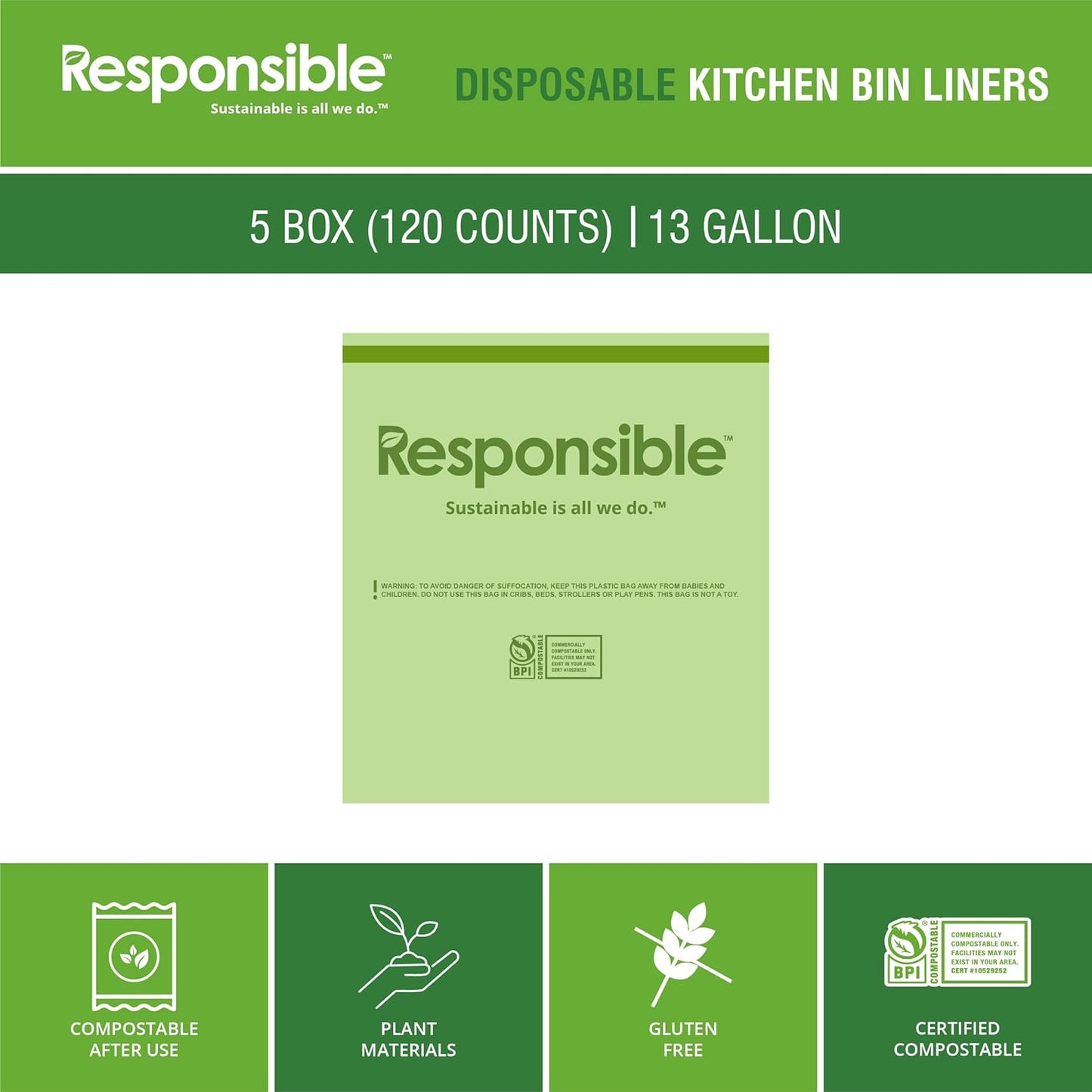 Responsible Products Kitchen Bin Liners, Certified Compostable, Heavy Duty Multipurpose Food Scrap Bags, Made from Compostable Materials (13 Gallon, 13 Gallon (120 Count))
