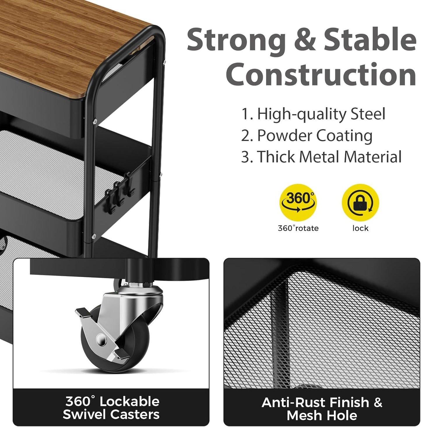 3 Tier Rolling Cart with Table top, Metal Utility Cart, Sturdy Storage Organizer Cart with Locking Wheels & Hooks for Office, Classroom, Kitchen and Bathroom