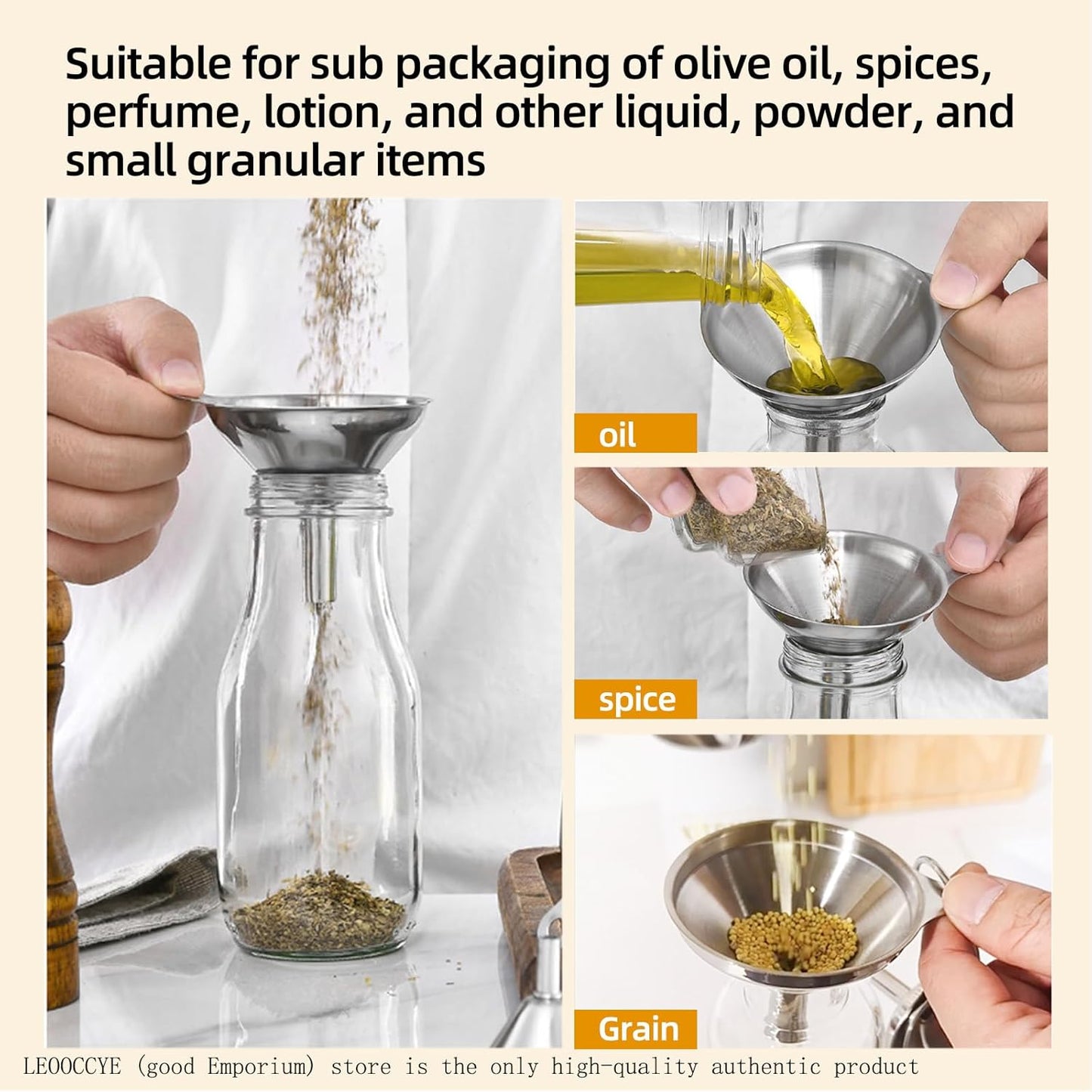 3 Pcs Stainless Steel Kitchen Funnel Made of Food-Grade Stainless Steel That withstands high and Low temperatures Perfect for Storing Liquids and Kitchen Spices or Powders Send a Cleaning Brush