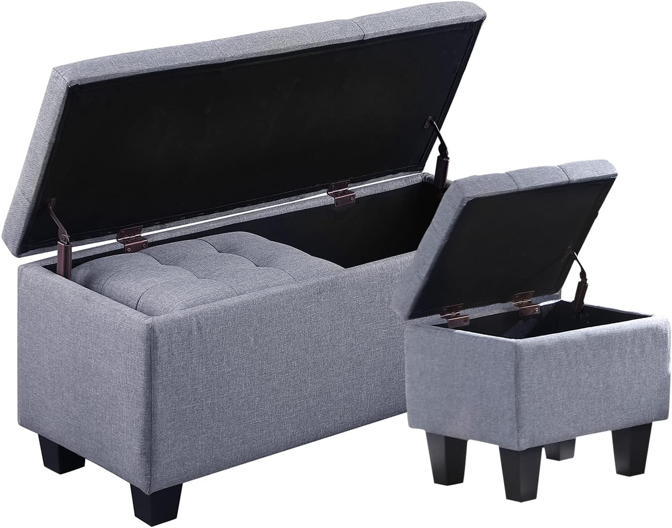 Hinged Storage Ottoman Set of 3, 38'' Living Room Storage Bench with Thick Seating, 2pcs Small Square Dorm Stool Couch Side Foot Rest