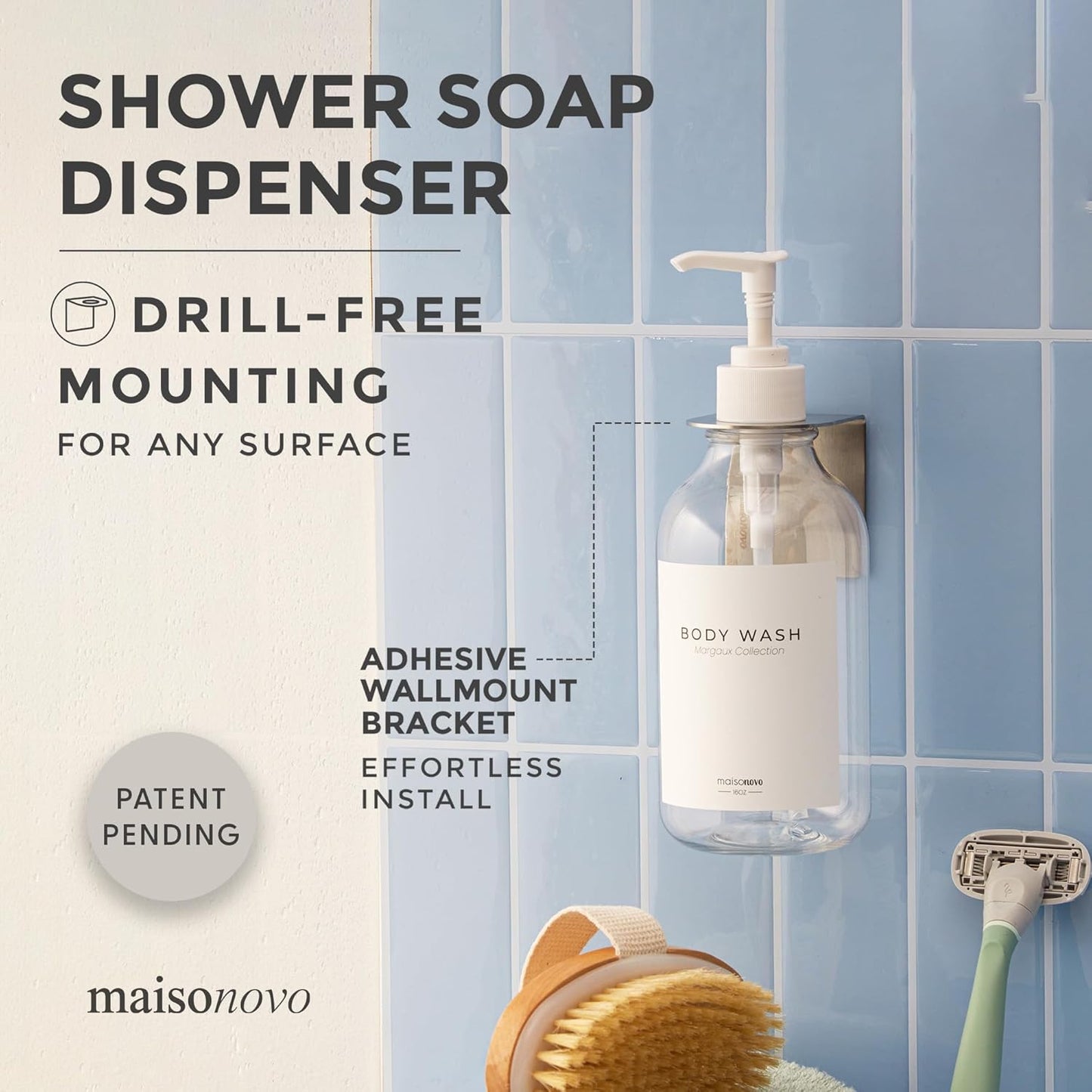MaisoNovo Shampoo and Conditioner Dispenser - Shower Soap Dispenser Wall Mounted - 16.9 fl oz Set of 1 Clear Plastic Bottles White Pump - 1 Chamber No Drill