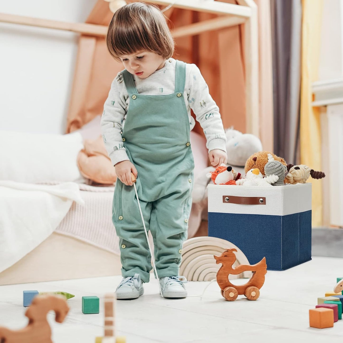 DULLEMELO Fabric Bins for Cube 11x11, Gift Baskets Empty for Boy Girl Mother Father Christmas Festival,Fabric Storage Bins Cube Organizer Baskets With Leather Handles(White&Blue)