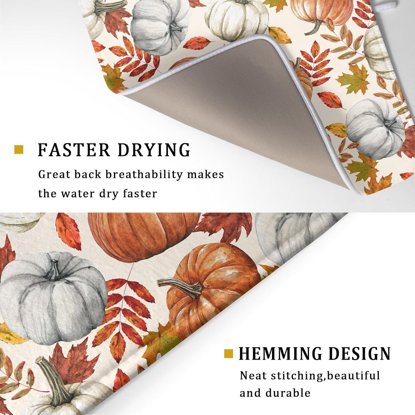 Fall Dish Drying Mat for Kitchen Counter 16x18 Inch Autumn Pumpkins Maple Leaves Drying Mats Thanksgiving Absorbent Reversible Dish Pad Fast Dry Drainer Mat Protector for Countertop Coffee Bar