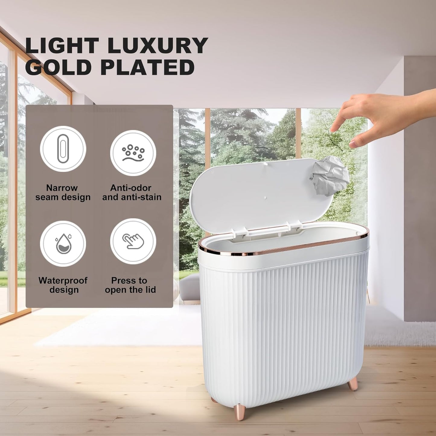 Bathroom Trash Can with Lid 3.2 Gallon Narrow Trash Can Small Plastic Trash Bin 12 Liter Rectangular Plastic Garbage Can with Press Type Lid for Bedroom Bathroom Milk White