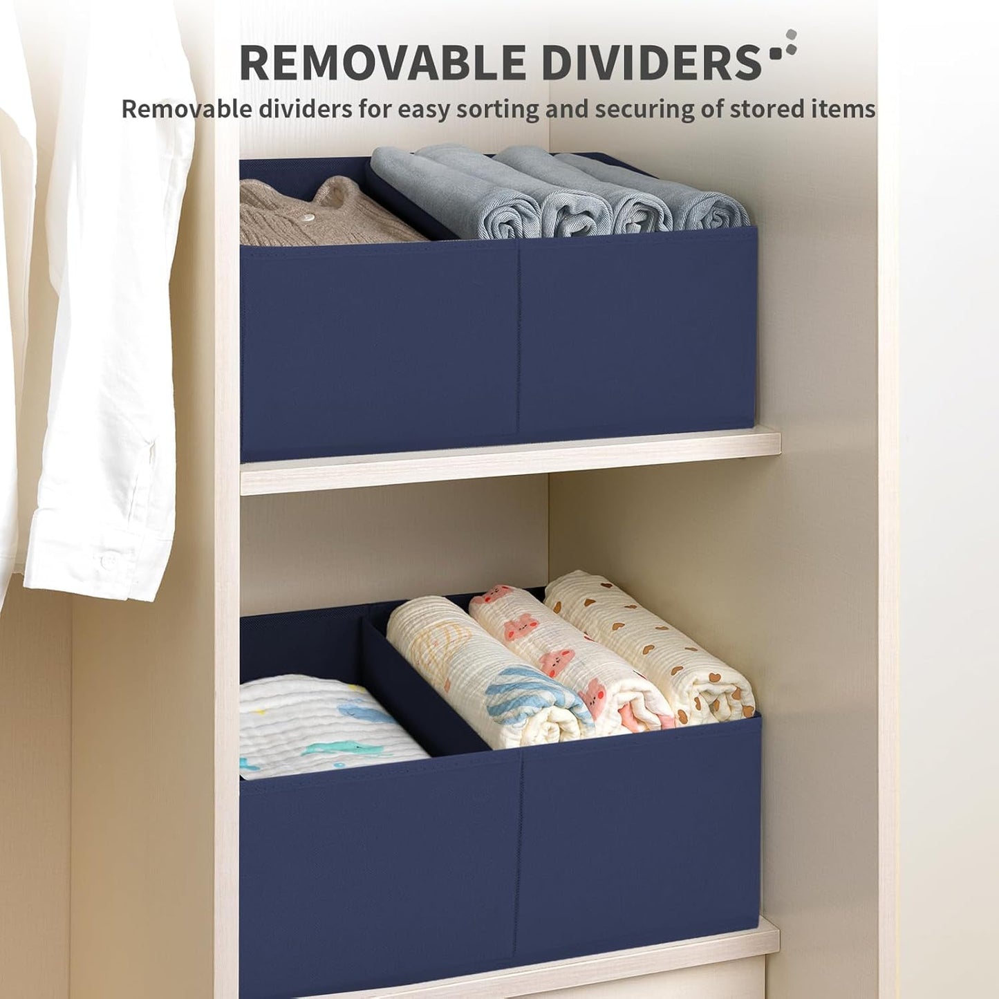 DIMJ Large Closet Shelf Organizer Bins 4 Packs with Handles and Divider, Fabric Trapezoid Storage Baskets, Foldable Clothes Containers Box for Shelf, Towel, Book, Toy, Purse, Hats, Navy Blue