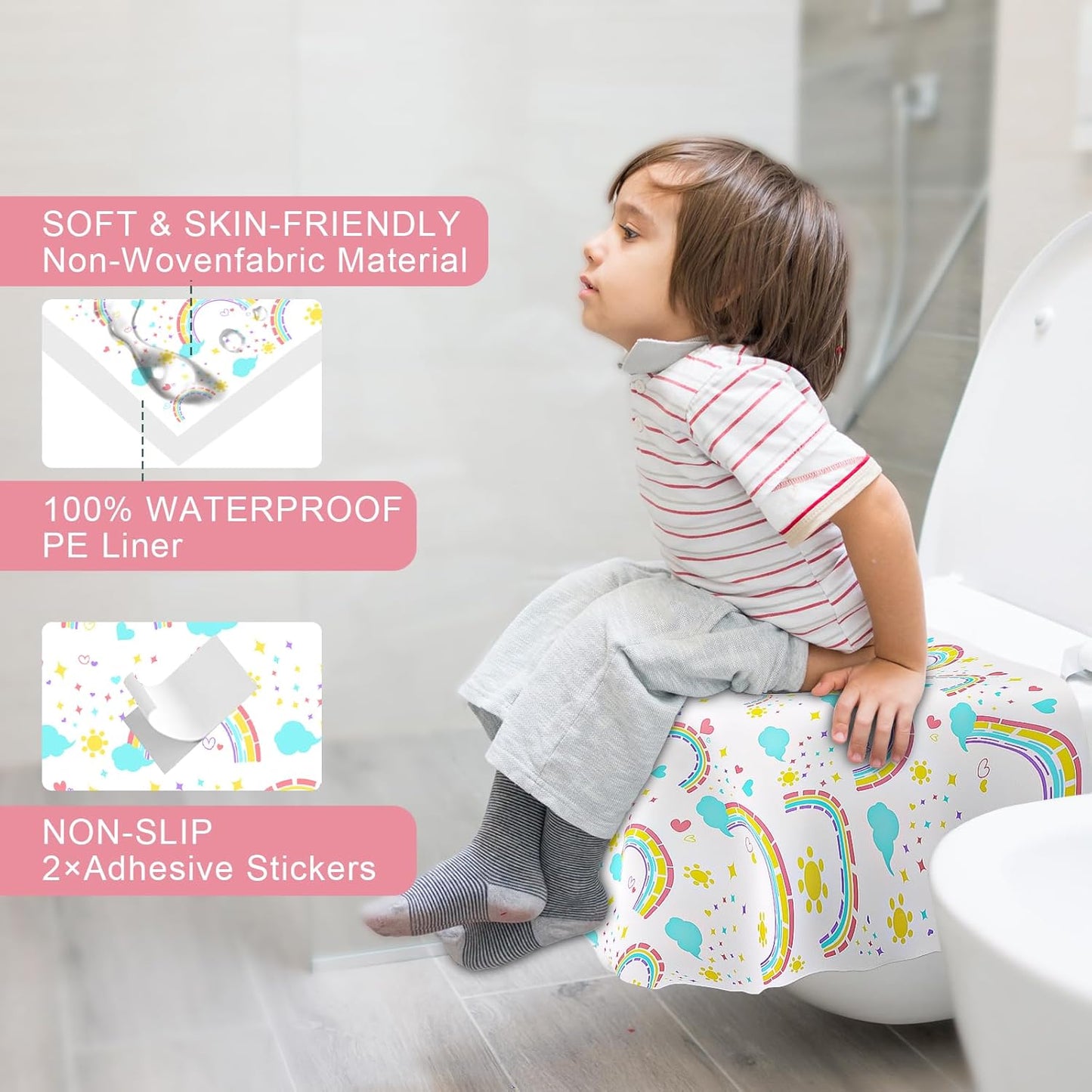 50 PCS Disposable Toilet Seat Covers, Extra Large Portable Potty Seat Covers for Toilet, Bathroom, Toddler & Kid Potty Training Seat Cover, Travel Essentials for Airplane, Trip-Rainbow