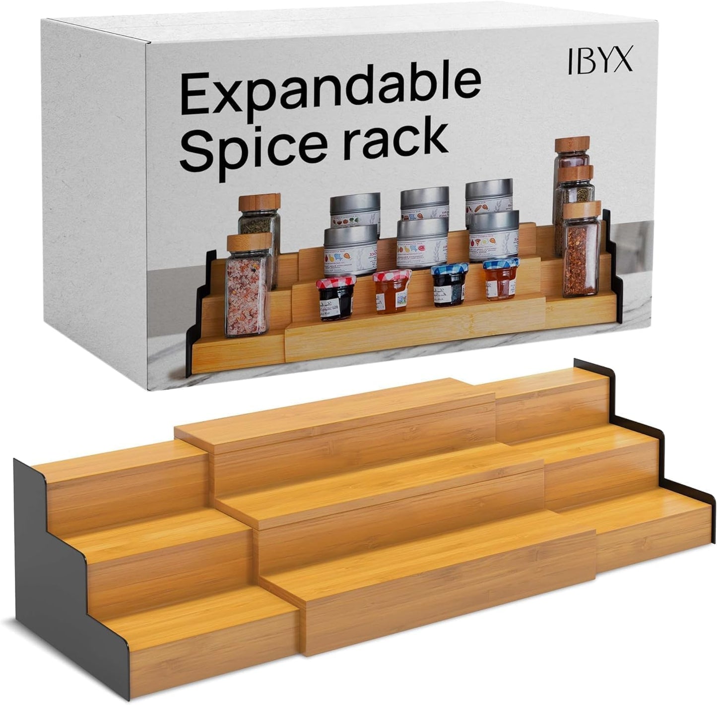 Ibyx Premium 3-Tier Spice Rack Organizer for Cabinet - Expandable Bamboo Spice Storage - Non-Skid Countertop Step Spice Shelf - Great for Kitchen Cabinet Countertop (Natural - Wide)