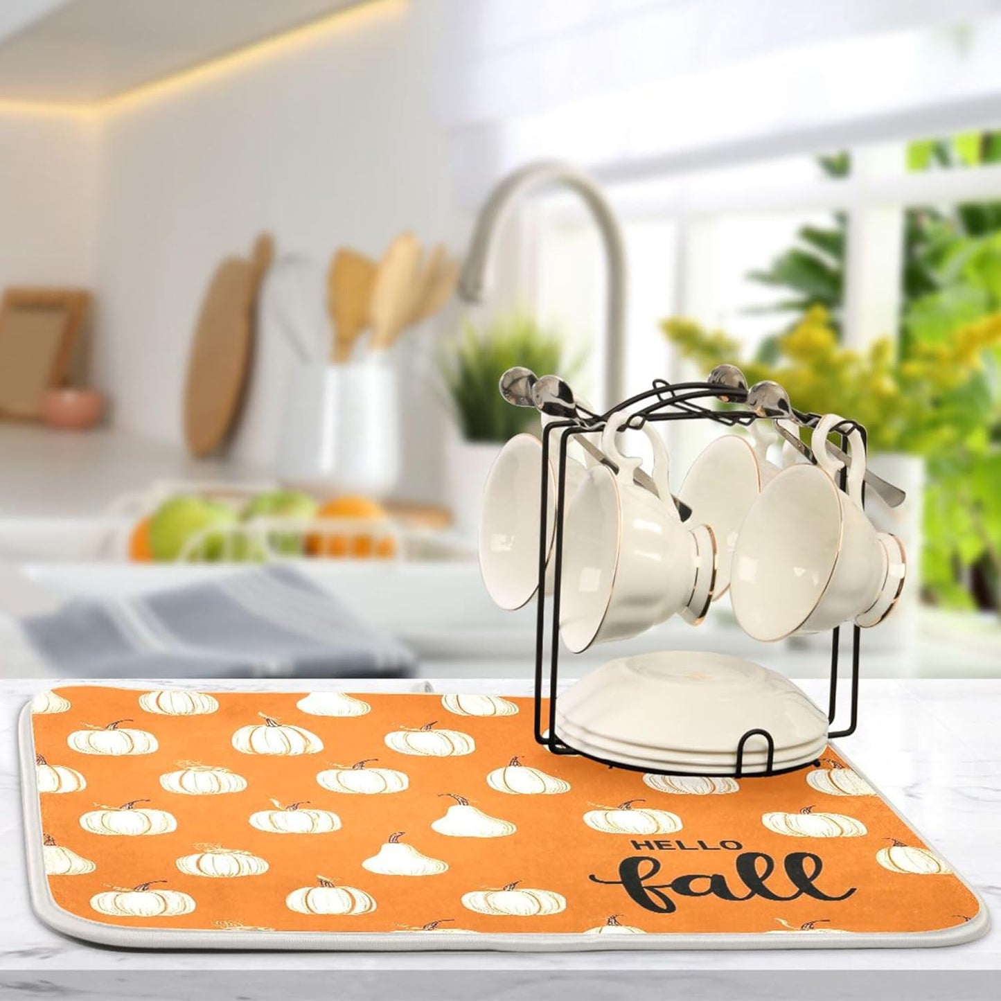 Hello Fall Burnt Orange Dish Drying Mat for Kitchen Countertop 16x18 Autumn Pumpkin Small Drying Mat Reusable Quick Dry Dish Sink Mats Easy Clean Decorative Essentials