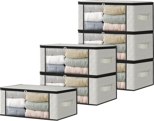 HomeHacks Storage 6-Pack Clothes Organizer Storage Bags Foldable Storage Box with Large Clear Window Sturdy Handles for Closet, Dorm, Pillows, Bedding, Clothes, Blankets, 35L, Ivory