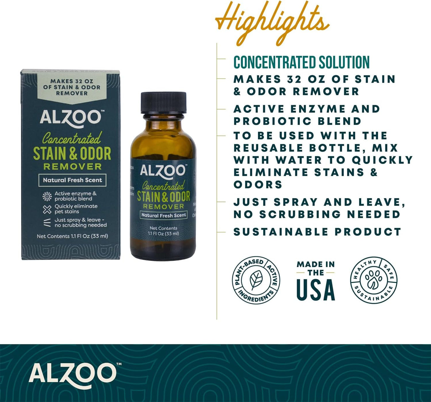 ALZOO Concentrated Stain & Odor Remover Refill Bottle, 100% Plant-Based Active Ingredients, 1.1 Fl. Oz