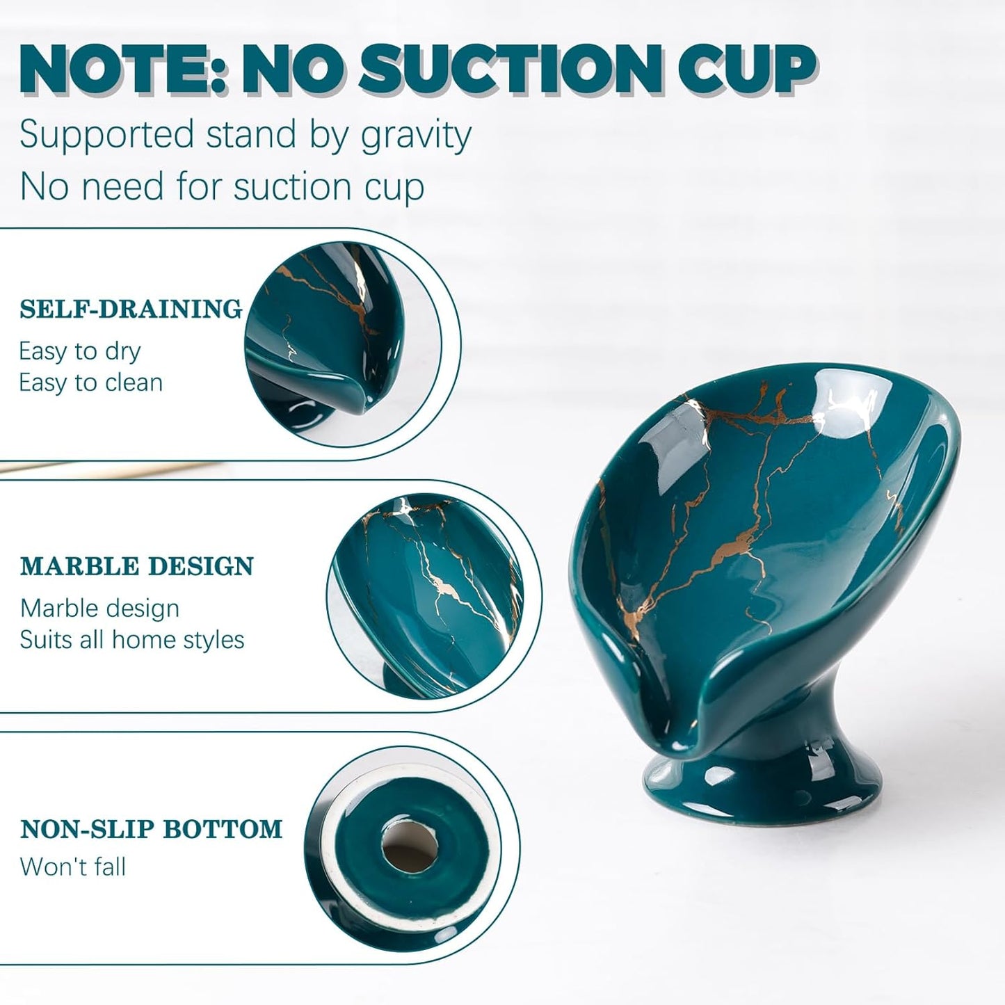 Soap Dish, Ceramic Soap Holder Self Draining Leaf Shape Bar Soap Holder, Marble Look Green Drain Soap Dish Holder for Bathroom, Easy to Clean Keeps Soap Dry, ANTIS'S HOME