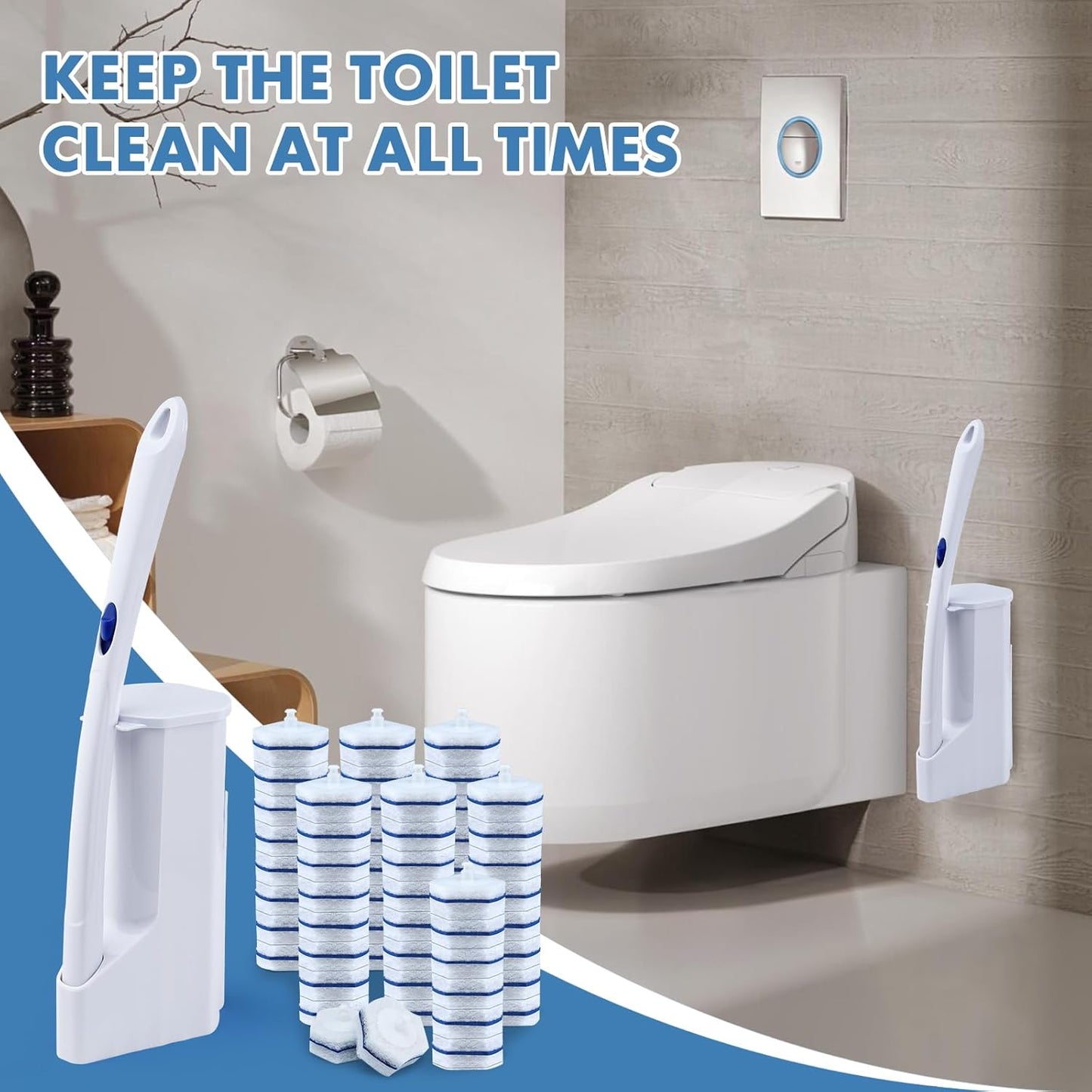 COBETE Disposable Toilet Brush Wand Kit with 56 Refills, Efficient Deep Scrubbing Toilet Bowl Cleaner Wand for Bathroom Toilet Cleaning