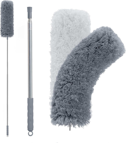 BOOMJOY Microfiber Feather Duster with 100 inches Extension Pole, Dusters for Cleaning High Ceiling, Fan, Blinds, Furniture, Dark Grey