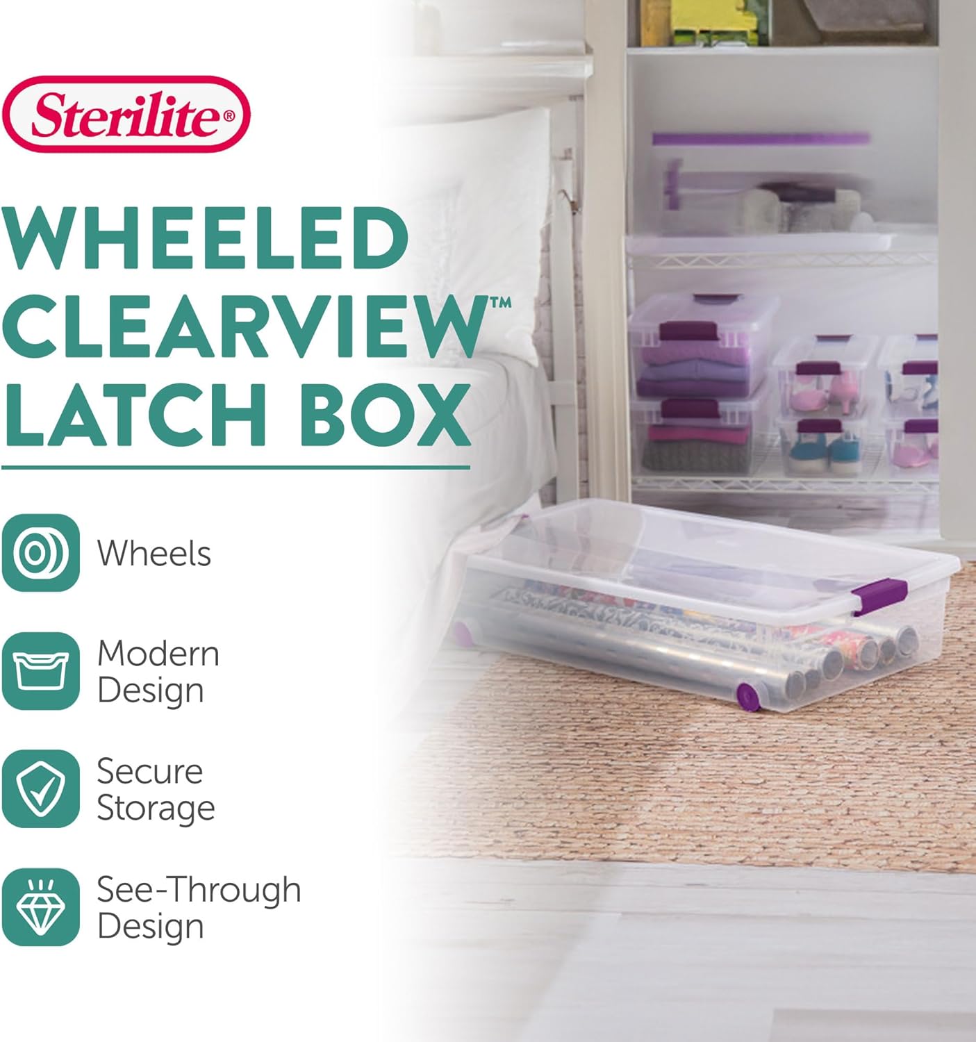 Sterilite 16-Pack 60 Quart ClearView Latch Box, Wheeled Underbed Organizer Bins with Latching Lids - Clear Plastic Organization Containers for Closet, Bedroom, Shelving Units and Everyday Home Storage