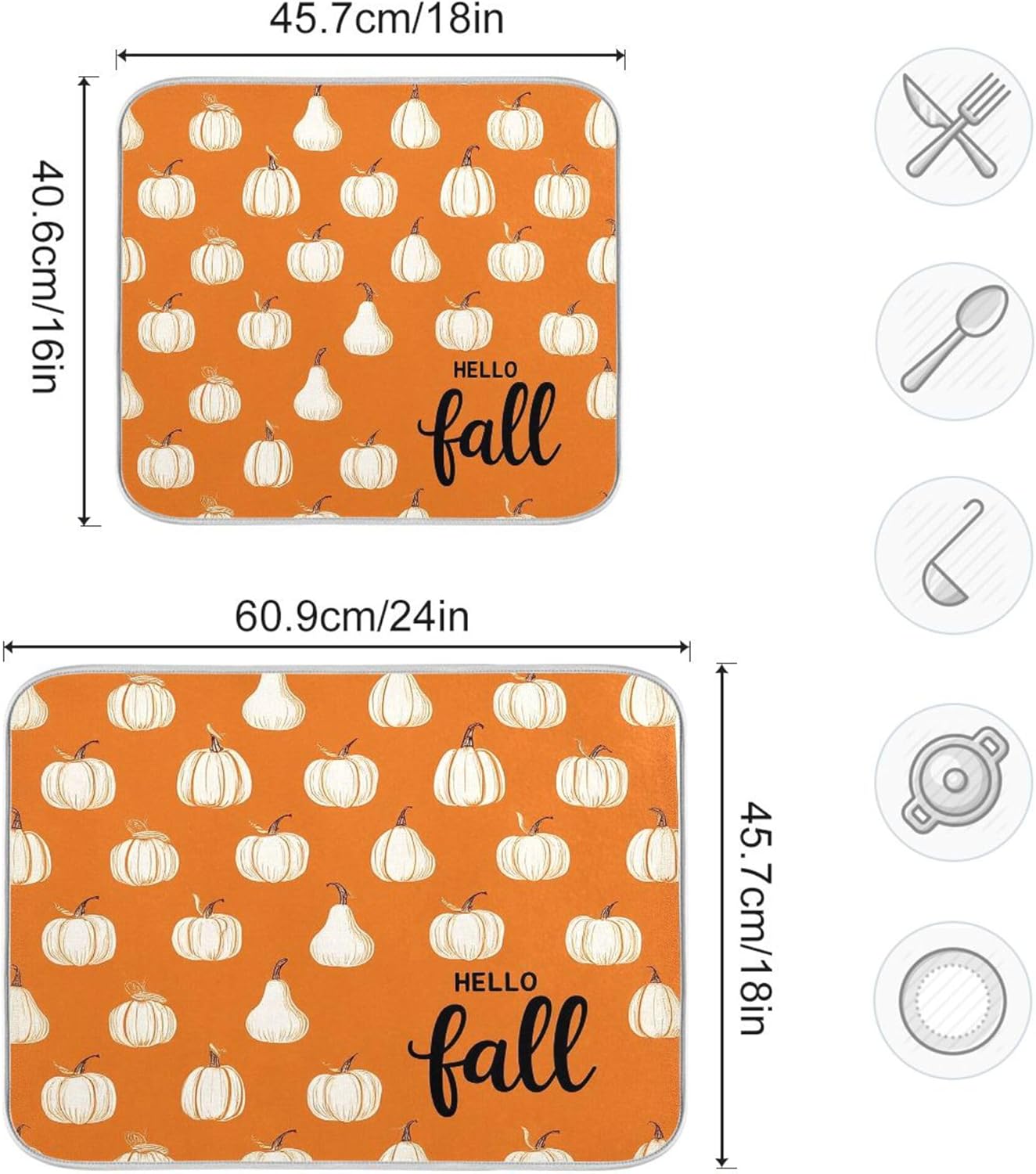 Hello Fall Burnt Orange Dish Drying Mat for Kitchen Countertop 16x18 Autumn Pumpkin Small Drying Mat Reusable Quick Dry Dish Sink Mats Easy Clean Decorative Essentials