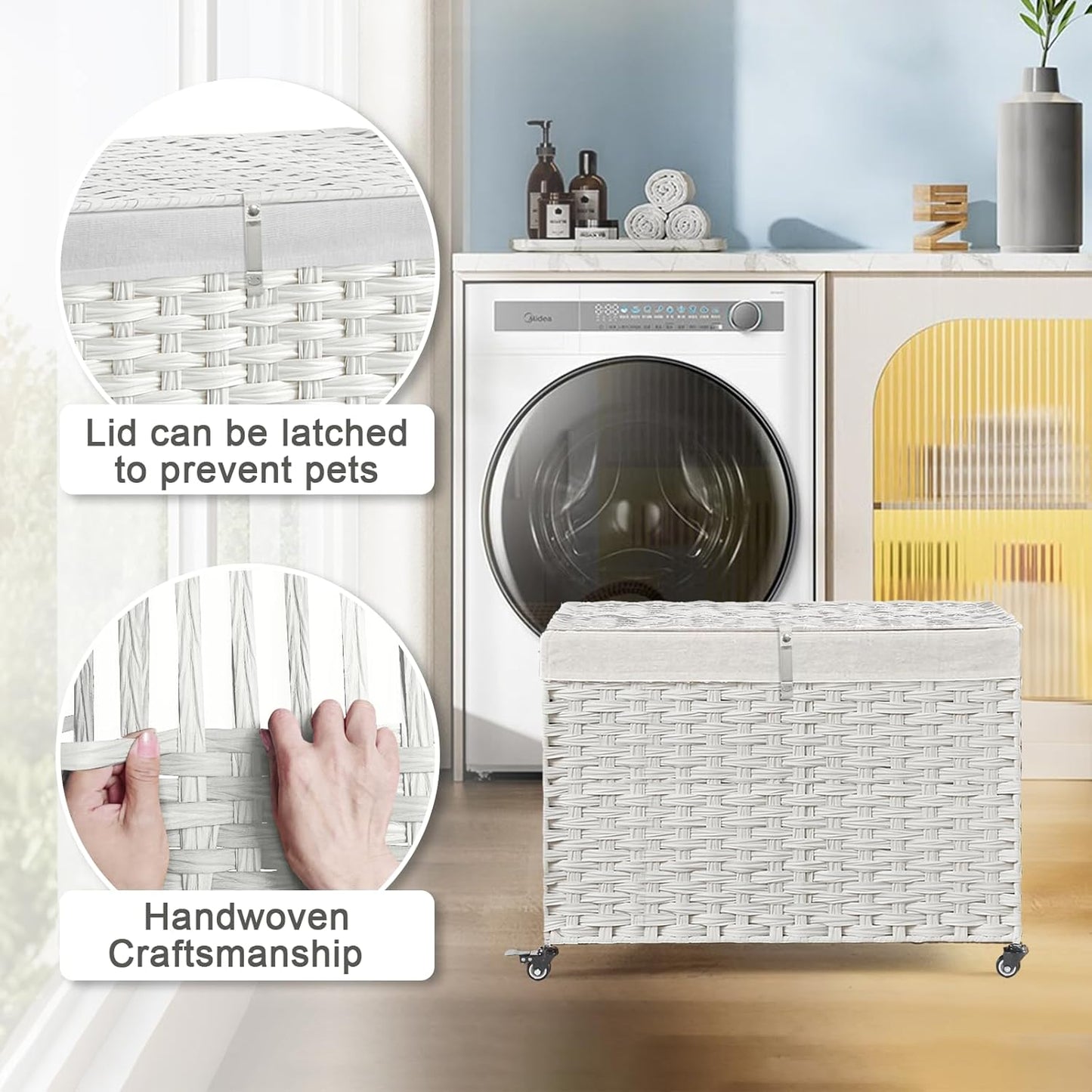 Rolling Storage Basket with Lid, 47.6 Gallon (180L) Storage Bin with Wheels, Woven Rattan Blanket Storage Basket with Handles, Foldable, Metal Frame, Removable Liner for Bedroom, Laundry Room, White