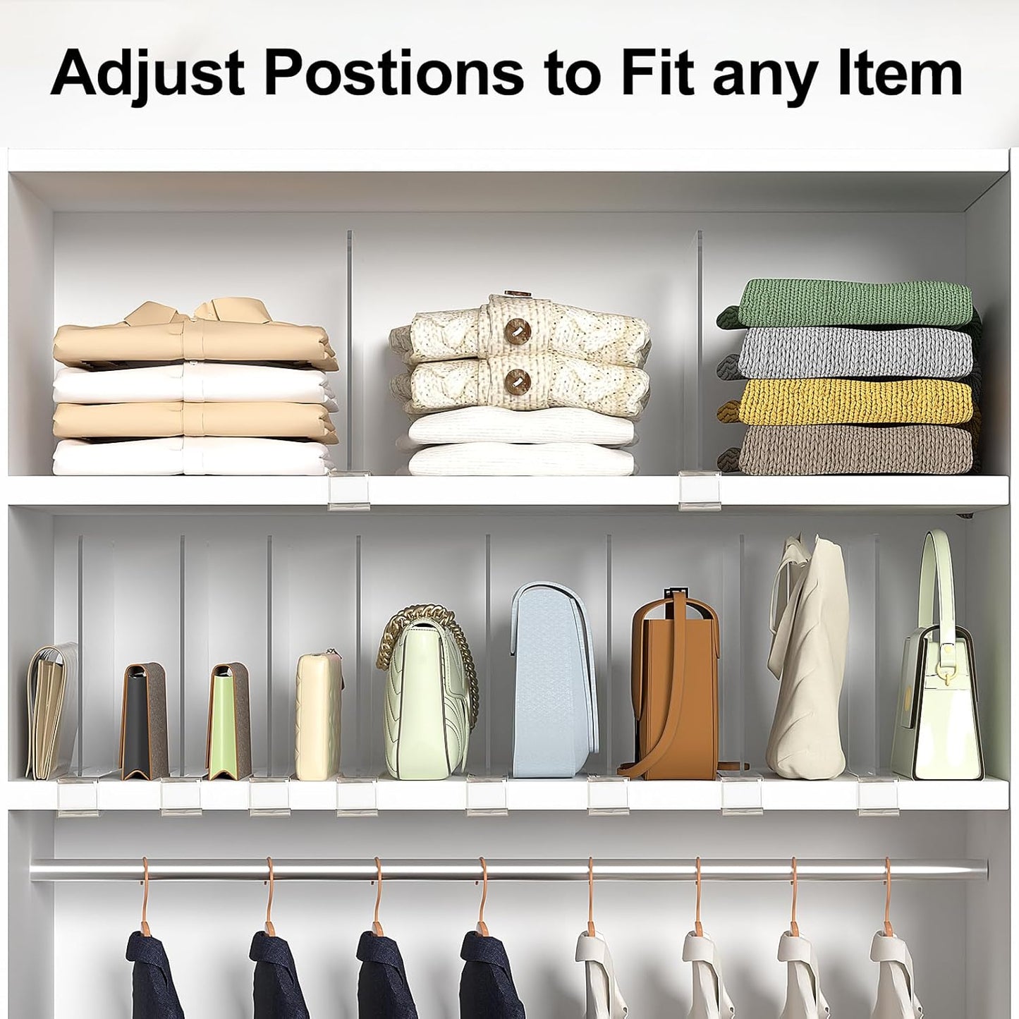 Shelf Dividers Purse Organizer for Closet: 12-Pack Acrylic Bag Storage Organizer for Handbags, Clutches, Clothes, Sweater, Towel on Wood Shelves