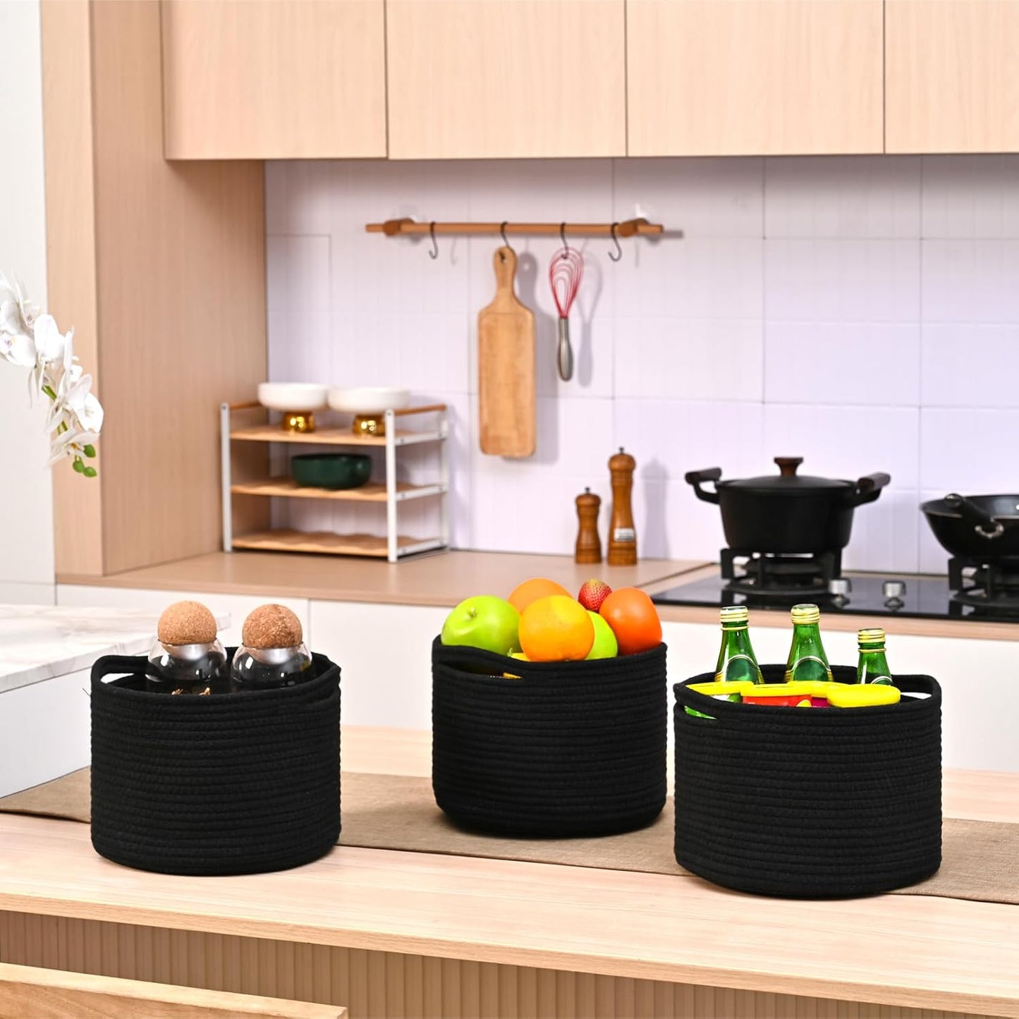 Small Black Baskets for Organizing, Storage Baskets for Shelves, Small Woven Basket for Storage, Cute Basket for Gifts, Mini Cotton Rope Baskets, 9.7"×9.7"×7" (3 Packs) Black