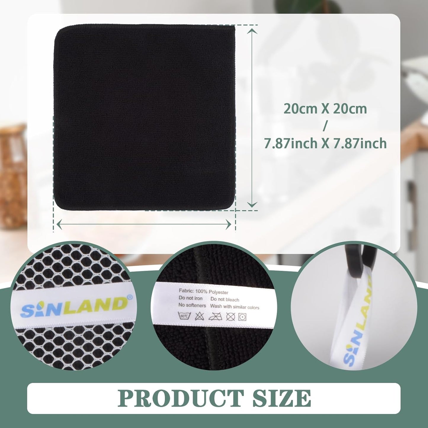 SINLAND Microfiber Dish Cloth for Washing Dishes Dish Washing Rags Best Kitchen Washcloth Cleaning Cloths Wash Cloths with Poly Scour Side 7.87Inchx7.87Inch 10 Pack Black