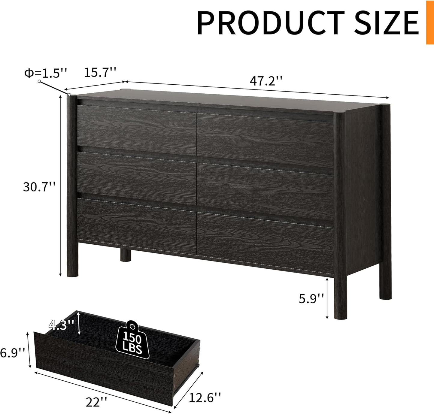 Dresser for Bedroom with 6 Drawers,47" Wide Oak Dresser with 4 Solid Wood Legs, Wooden TV Stand,Closet Clothes Organizer for Bedroom, Hallway