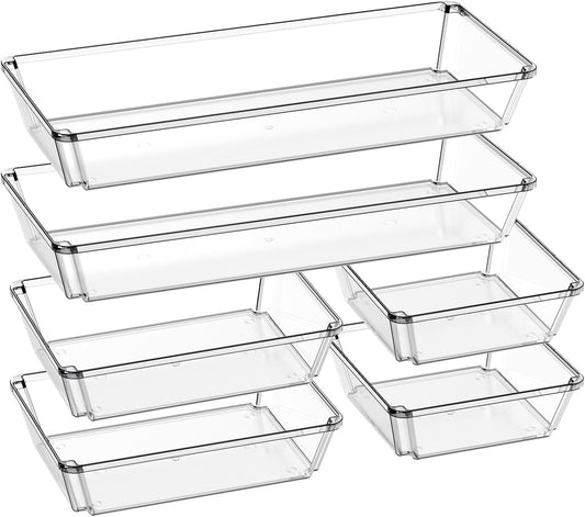 6 Pack Large Clear Plastic Drawer Organizer Trays, Desk Drawer Organizers and Storage Dividers, Non-Slip Storage Bins for Jewelry, Snacks, Office, Bathroom, Bedroom and Kitchen