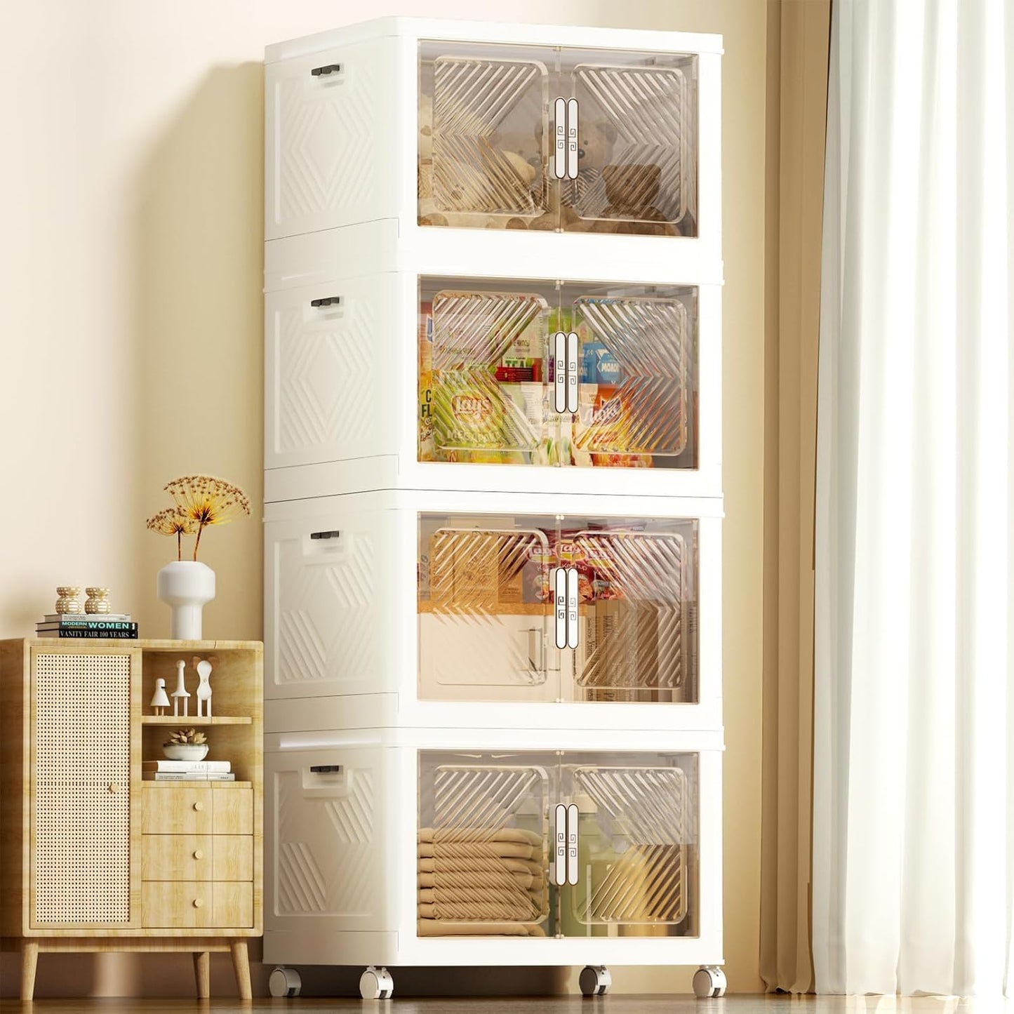 Storage Bins with Lid 48QT, Stackable Storage Containers with Wheels and Magnetic Doors, Plastic Clothes Closet Organizers and Storage Box for Pantry, Home and Office (4 Pack)