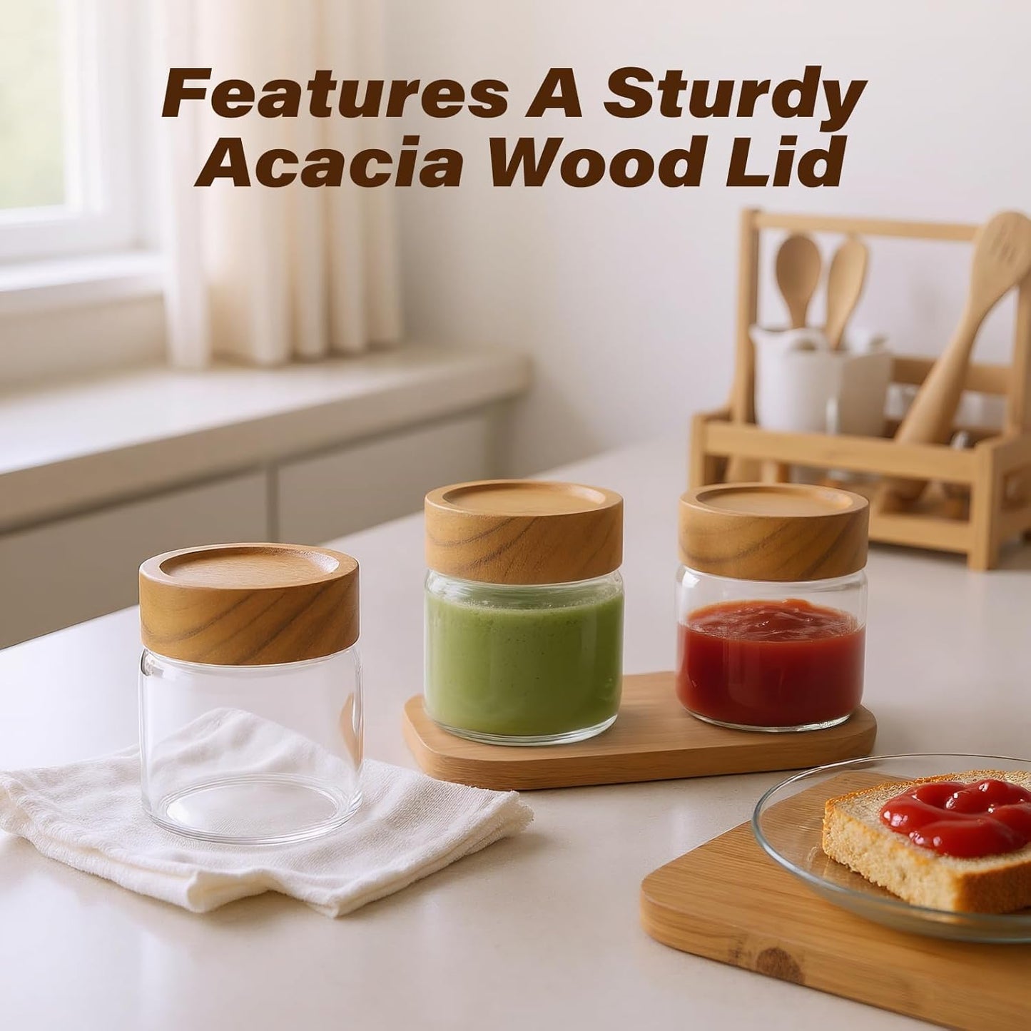 6-Pack 6 oz Airtight Food Sealed Jars with Acacia Wood Lids - Glass Meal Prep Containers for Overnight Oats, Snack Storage, Chia Pudding, Pantry Organization Essentials