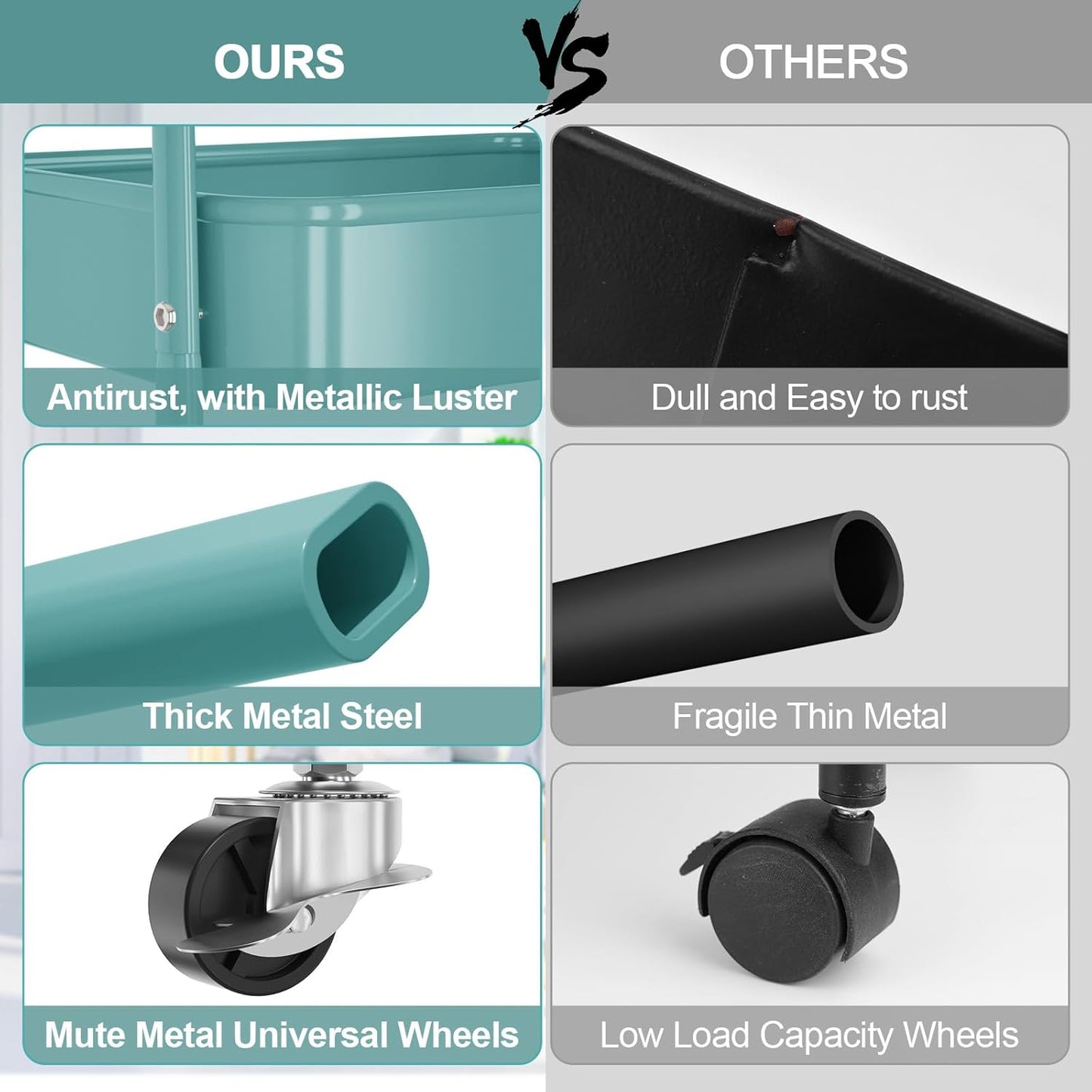 EAGMAK 3 Tier Utility Rolling Cart, Metal Storage Cart with Handle and Lockable Wheels, Multifunctional Storage Organizer Trolley with Mesh Baskets for Kitchen, Living Room, Office, Garage (Green)