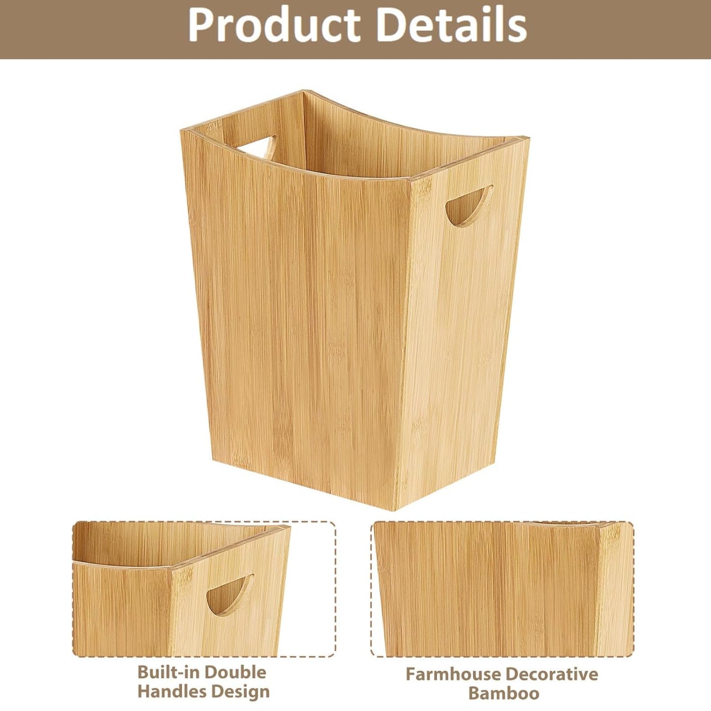 SEHERTIWY Wood Trash Can Wastebasket, 2 Gallon Small Waste Basket with 2 Handles, Rectangular Bathroom Garbage Can for Bathroom, Office, Living Room, Bedroom, Kitchen