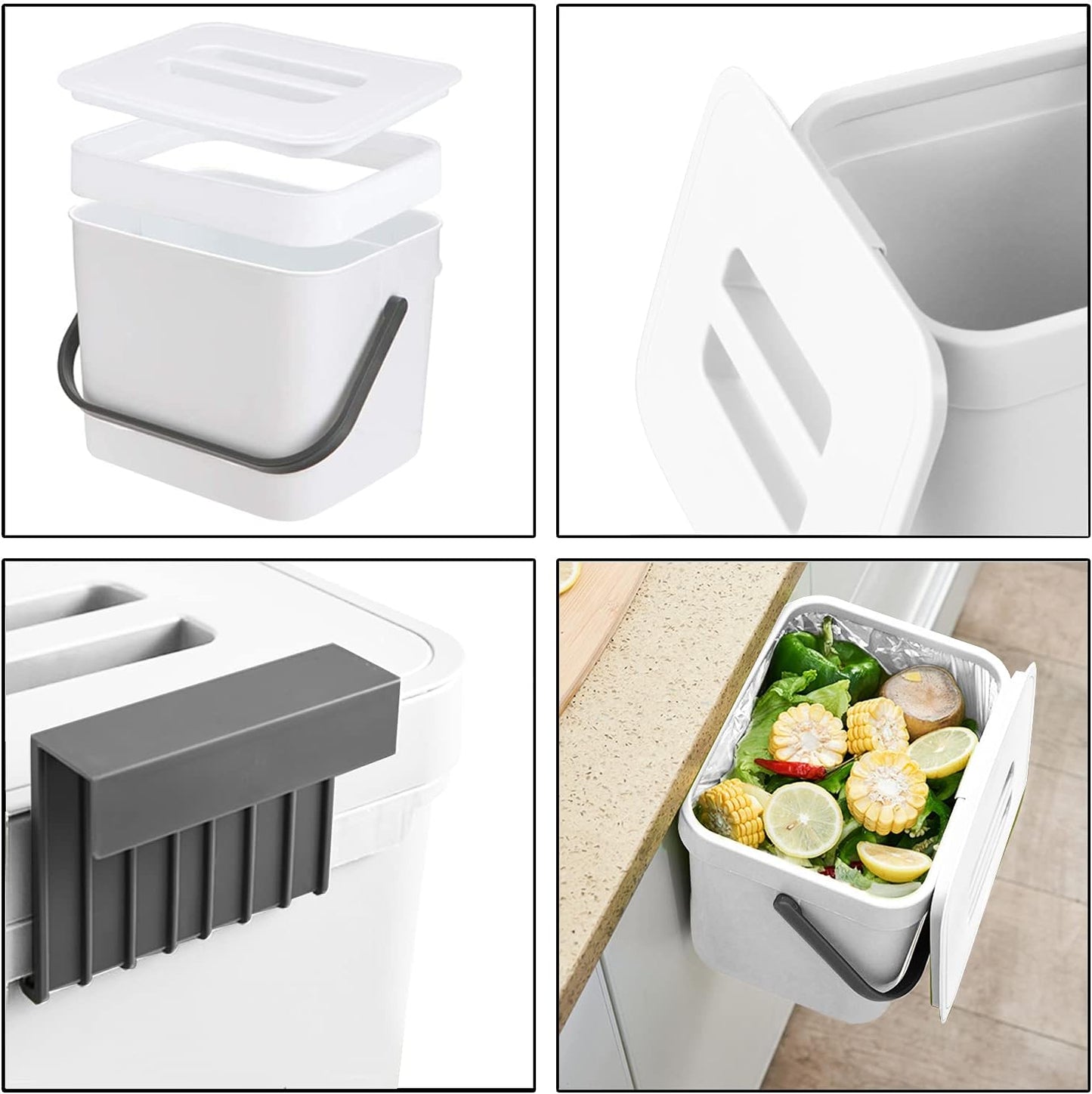 LALASTAR Trash Can with Lid, Wall-Mounted Under Sink Small Garbage Can for Kitchen, Bathroom, Hanging Plastic Trash Can, 1.8 Gallon, White