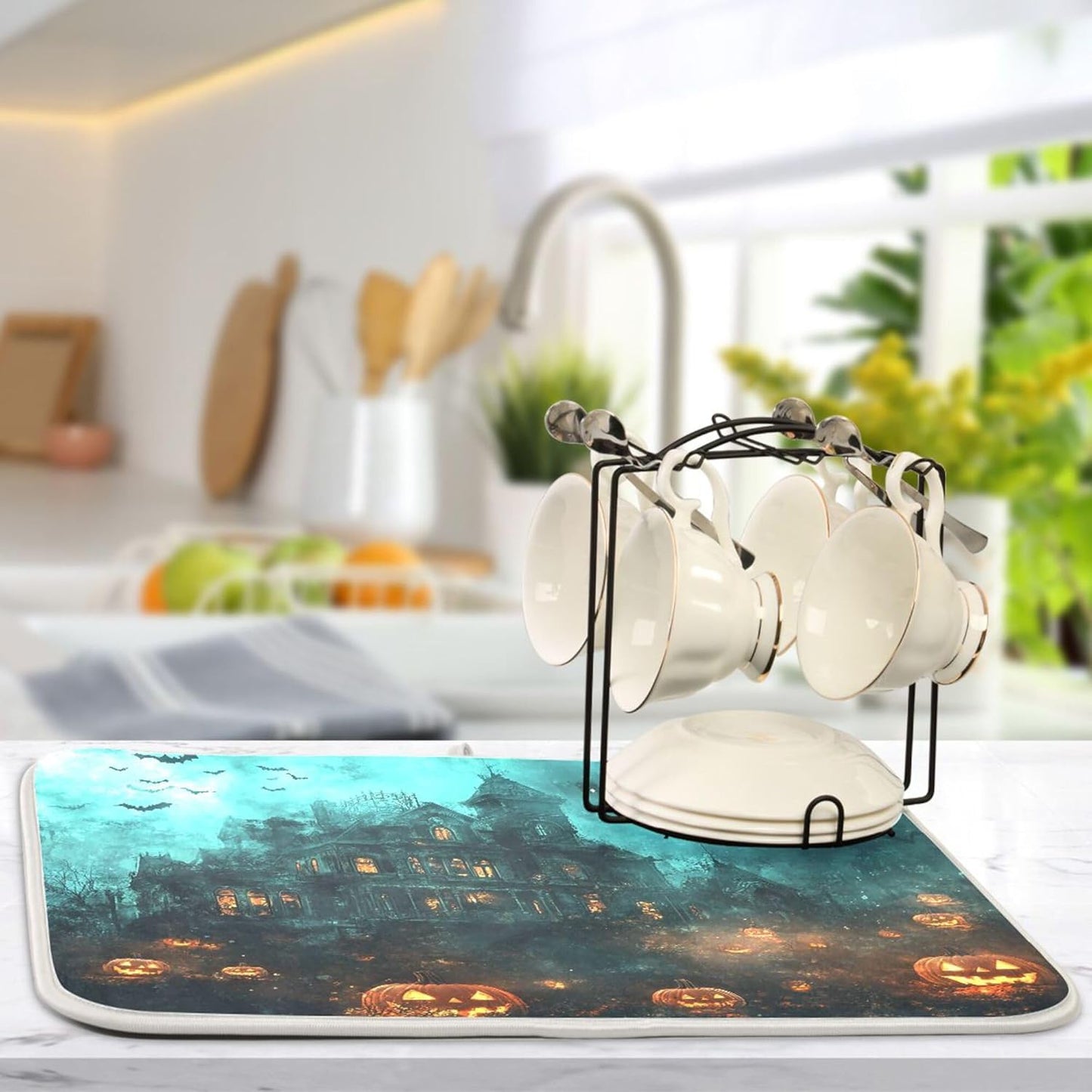 Halloween Castle Dish Drying Mat for Kitchen Countertop 18x24 Spooky Witch Pumpkin Lantern Large Drying Mat Reusable Quick Dry Dish Sink Mats Easy Clean Decorative Essentials