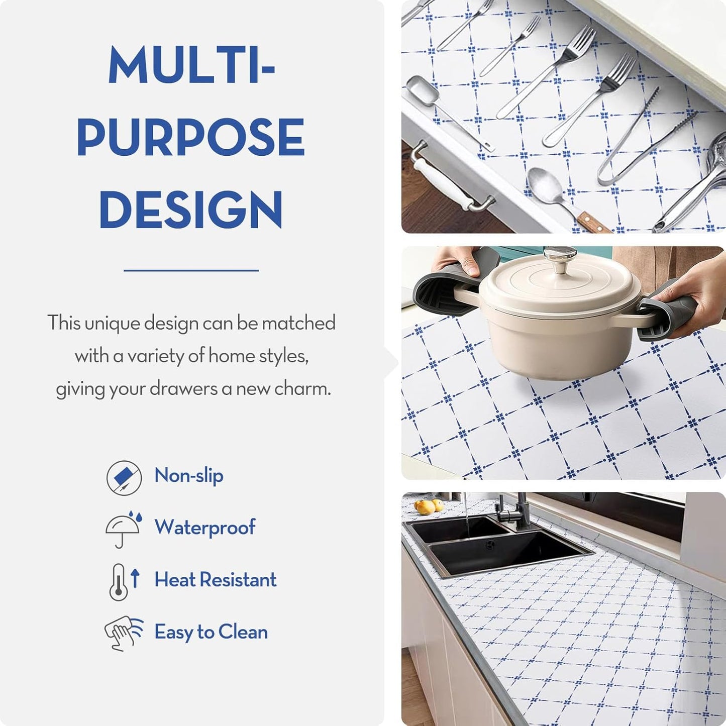 Drawer Shelf Liner for Cabinet,Slip Resistant Non Adhesive Liner for Kitchen, BPA Free Shelf Liners for Cabinets, Bathroom Cupboard Drawers,12IN x 20FT,Blue Stripe