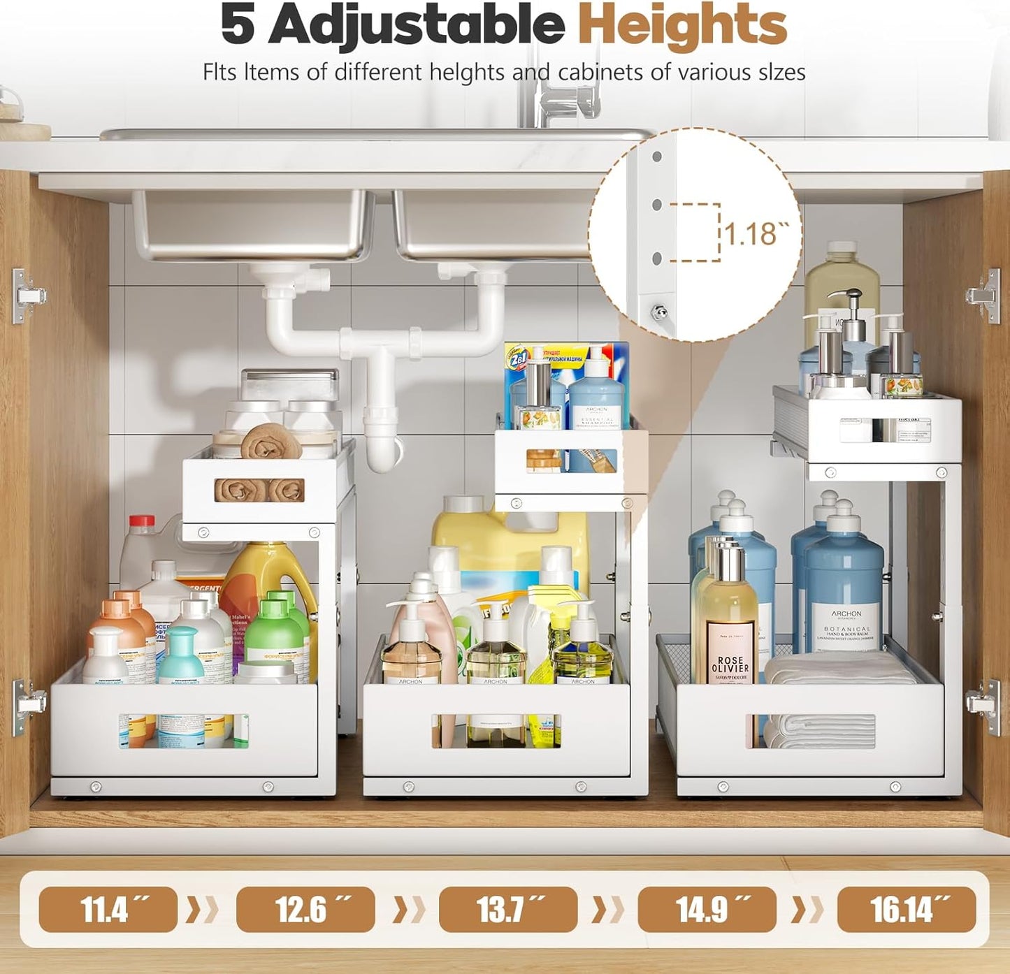 2 Pack 17IN Depth Under Sink Storage Organizer, Large 2-Tier Elegant Mesh Pull Out Shelf for Kitchen and Bathroom Cabinet Organization, L-Shaped and Adjustable Height Design-White