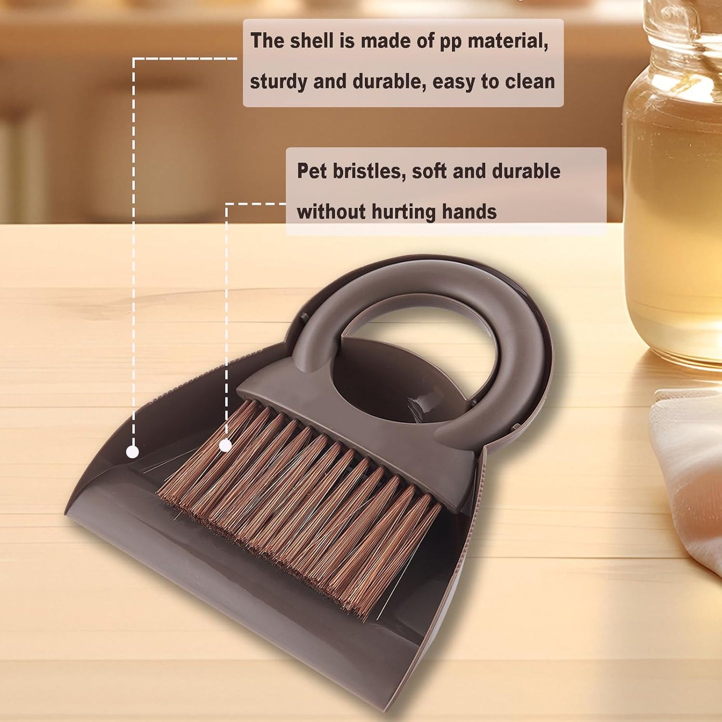 Round Handle Brush and Dustpan Set Small Broom & Dustpan Portable Handheld Sweeper for Desktop Sofa Floor Pet Nest (Coffee)